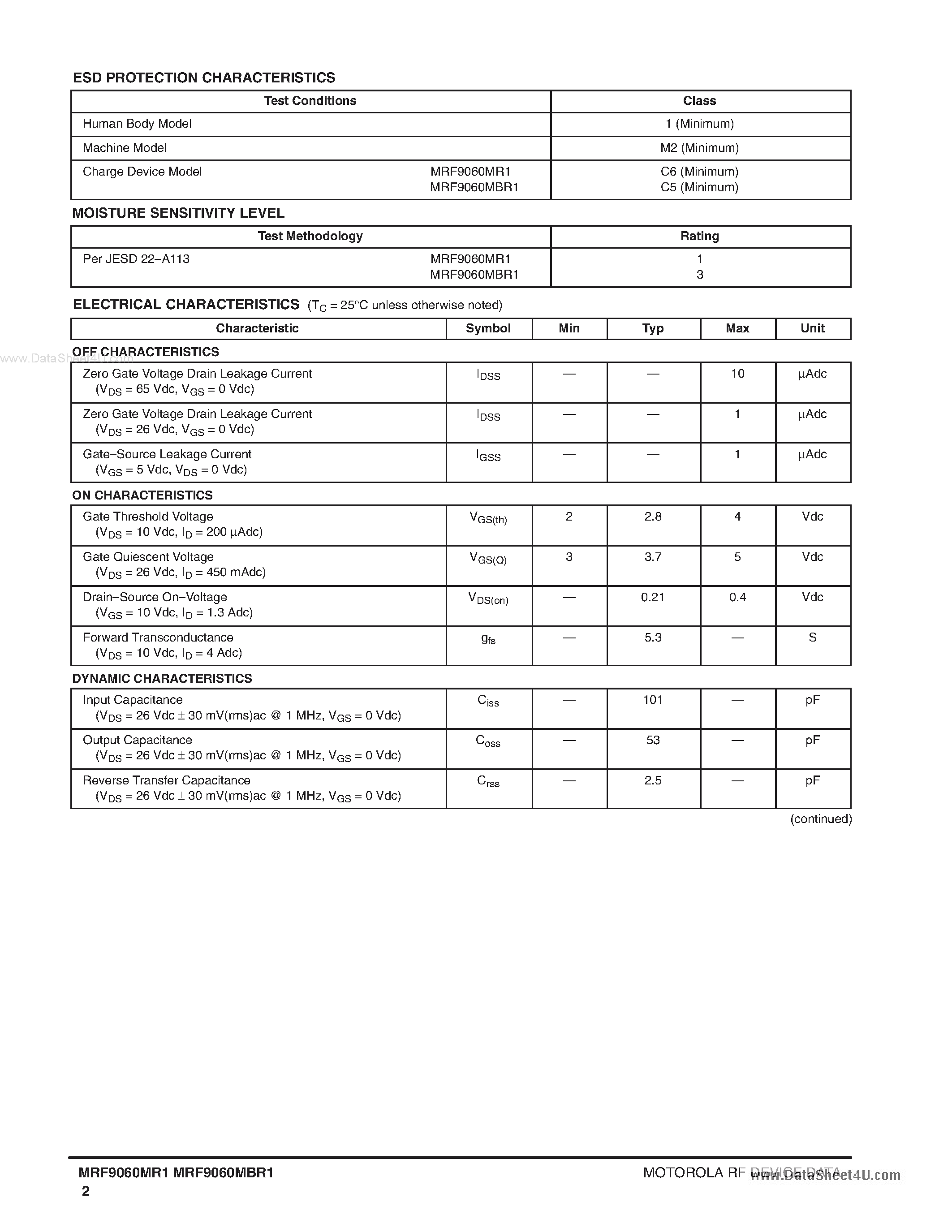 Datasheet MRF9060MBR1 - The RF Sub-micron MOSFET Line RF POWER FIELD EFFECT TRANSISTORS N-channel Enhancement-mode Lateral MOSFETs page 2