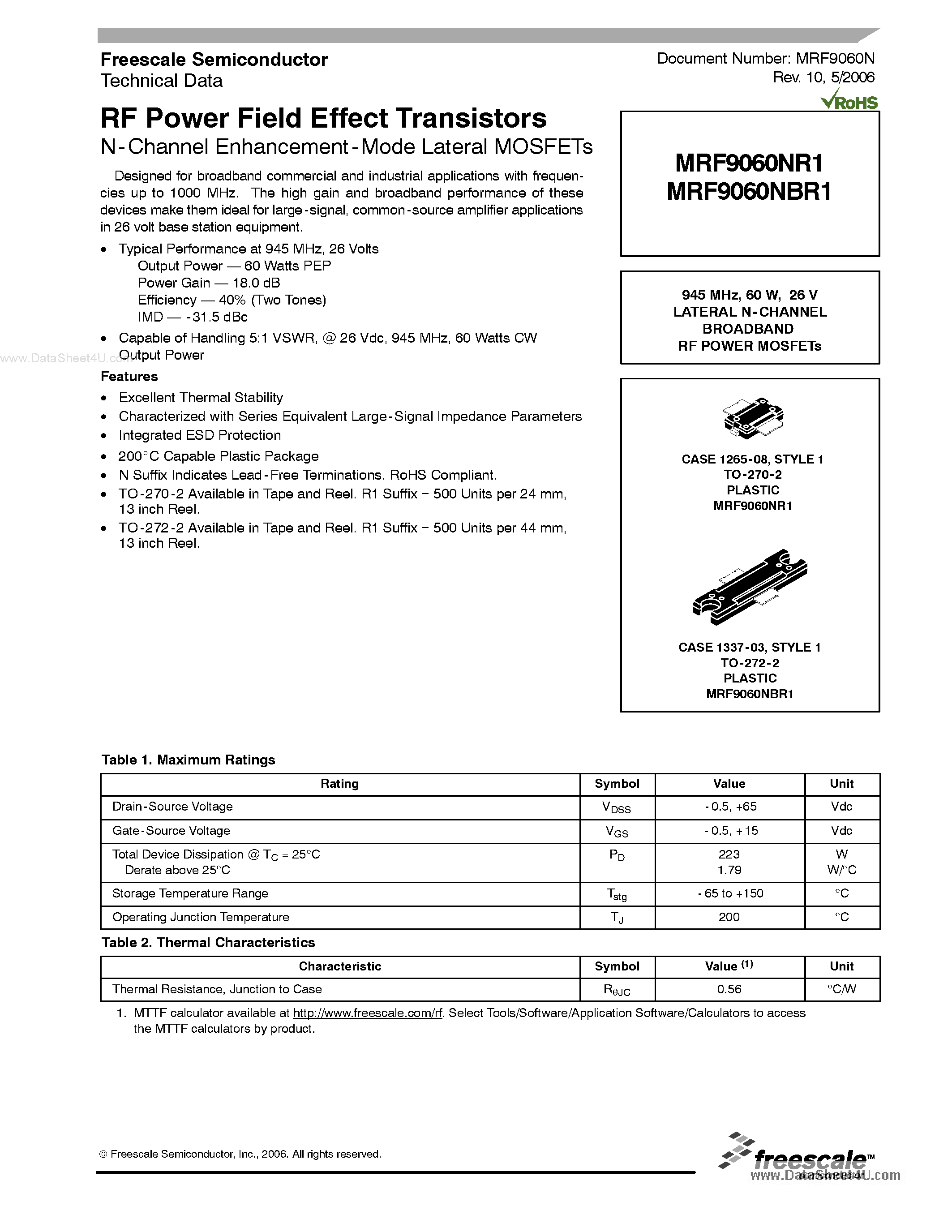 Datasheet MRF9060NBR1 - RF Power Field Effect Transistors page 1