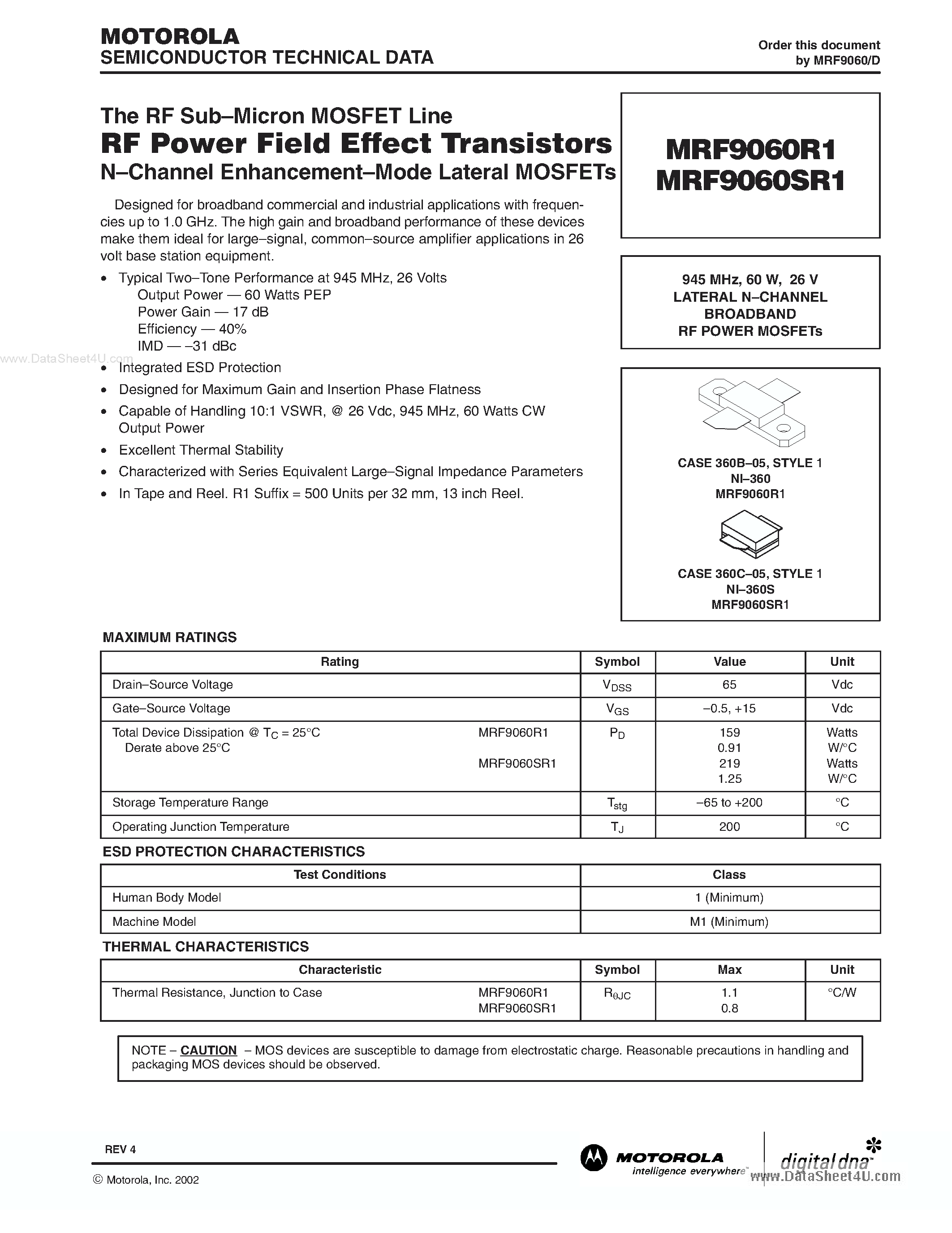Datasheet MRF9060R1 - N-CHANNEL BROADBAND RF POWER MOSFETs page 1