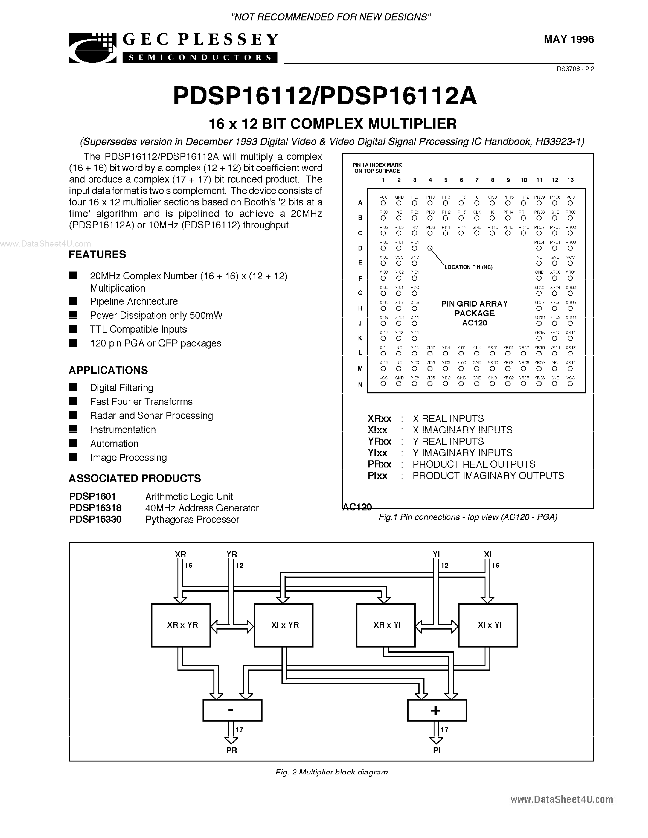 Datasheet PDSP16112 - 16 X 12 BIT COMPLEX MULTIPLIER page 2
