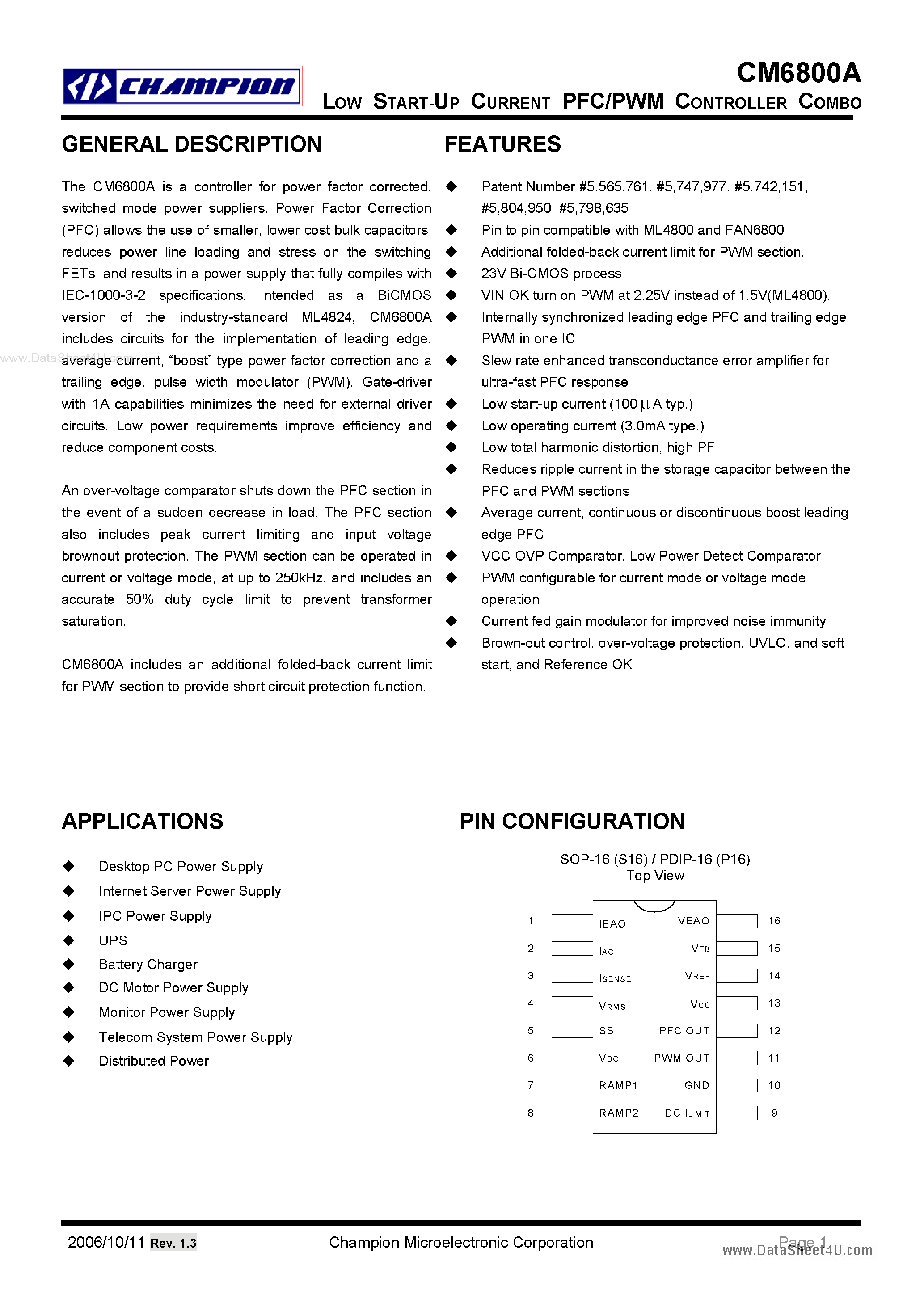 Datasheet CM6800A - LOW START-UP CURRENT PFC/PWM CONTROLLER COMBO page 1