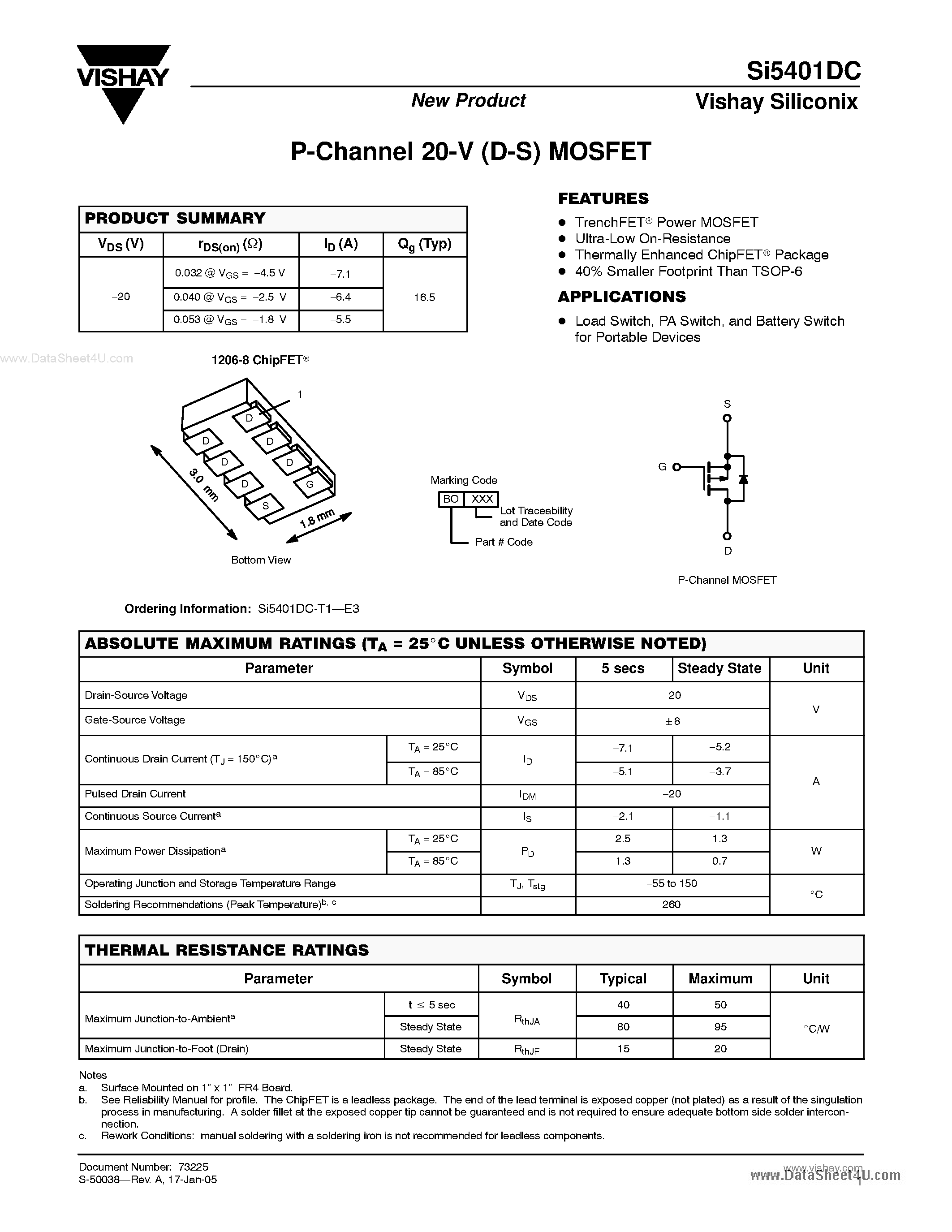 Даташит на микросхему SI5401DC страница 1 Даташит SI5401DC - P-Channel 20-V (D-S) MOSFET страница 1