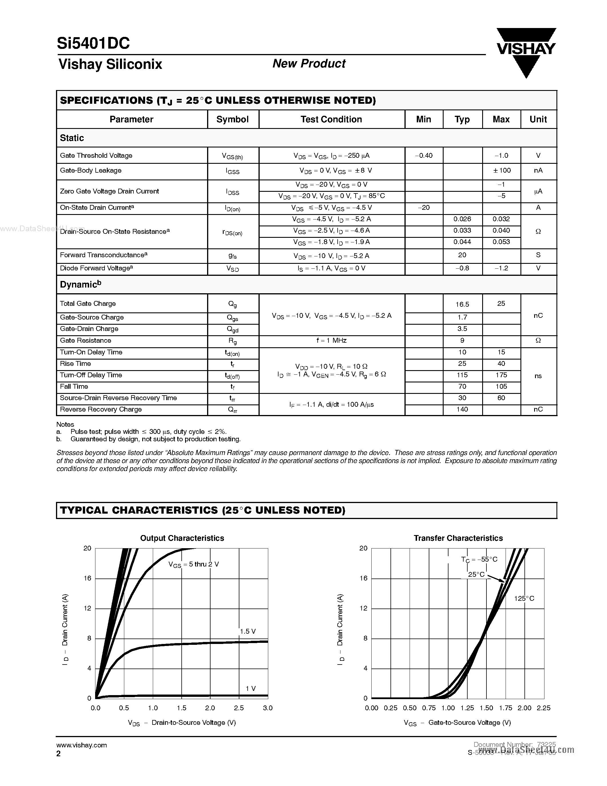 Даташит на микросхему SI5401DC страница 2 Даташит SI5401DC - P-Channel 20-V (D-S) MOSFET страница 2