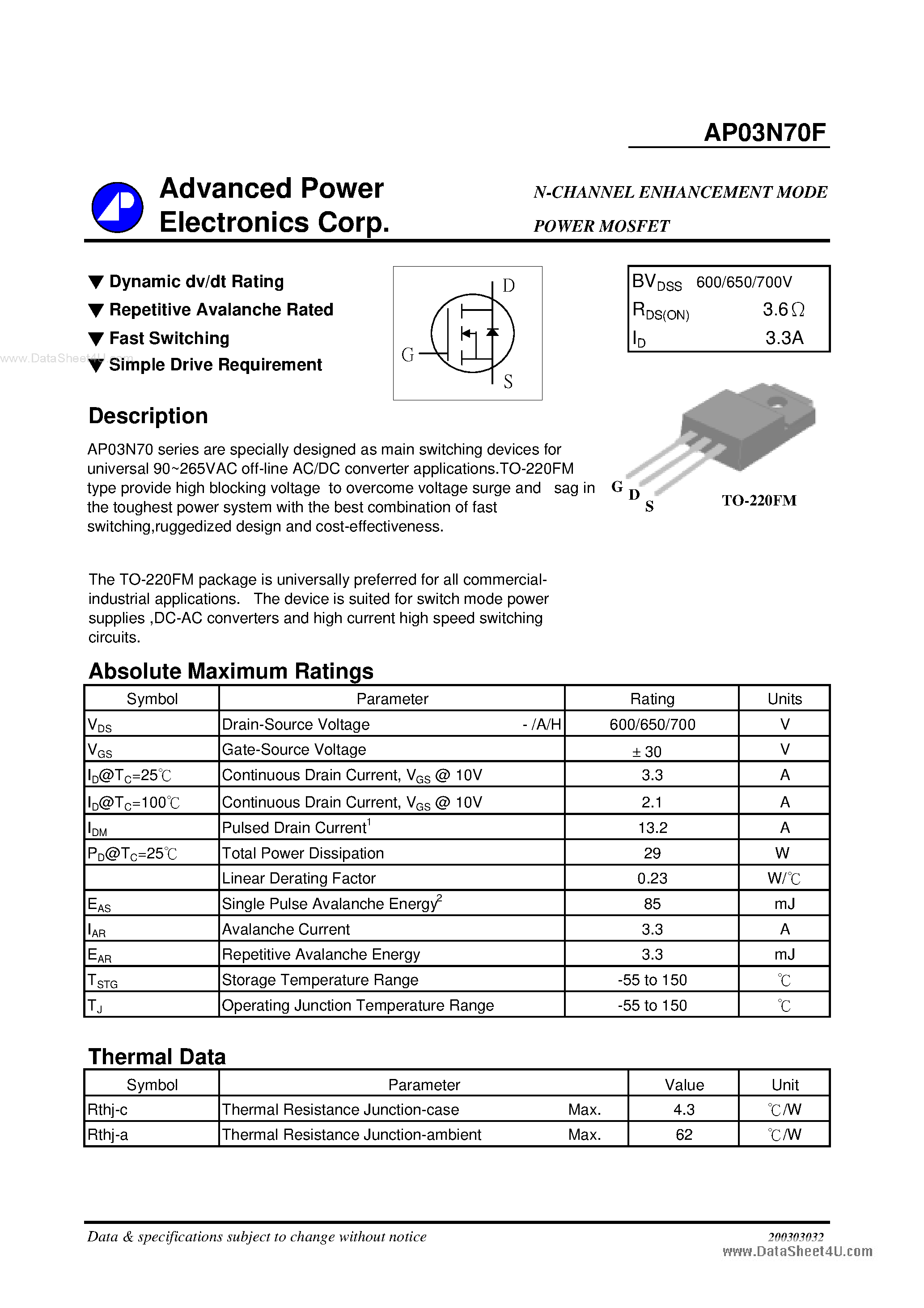 Datasheet AP03N70F - N-CHANNEL ENHANCEMENT MODE page 1