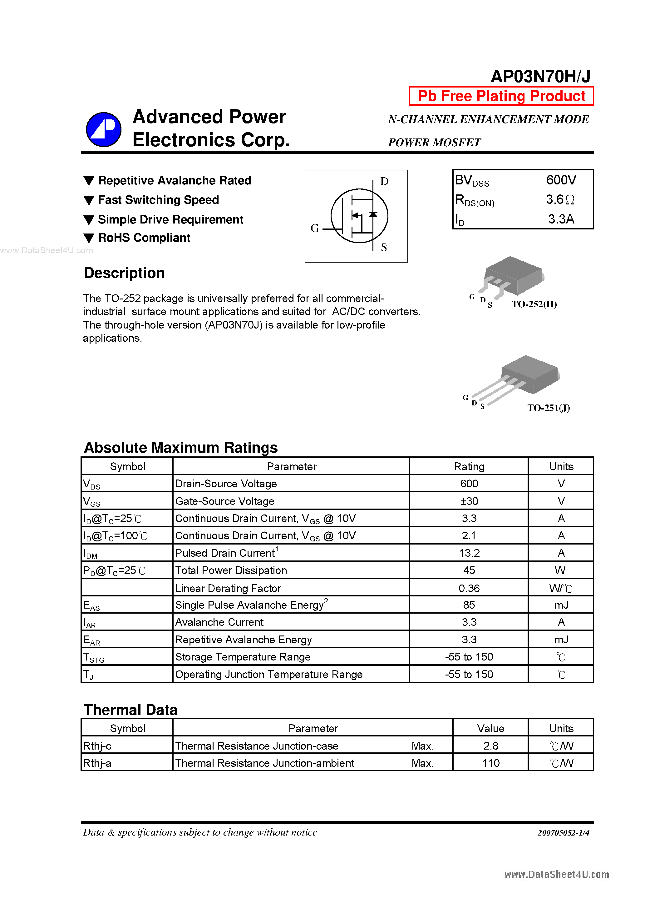 Datasheet AP03N70H - N-CHANNEL ENHANCEMENT MODE page 1