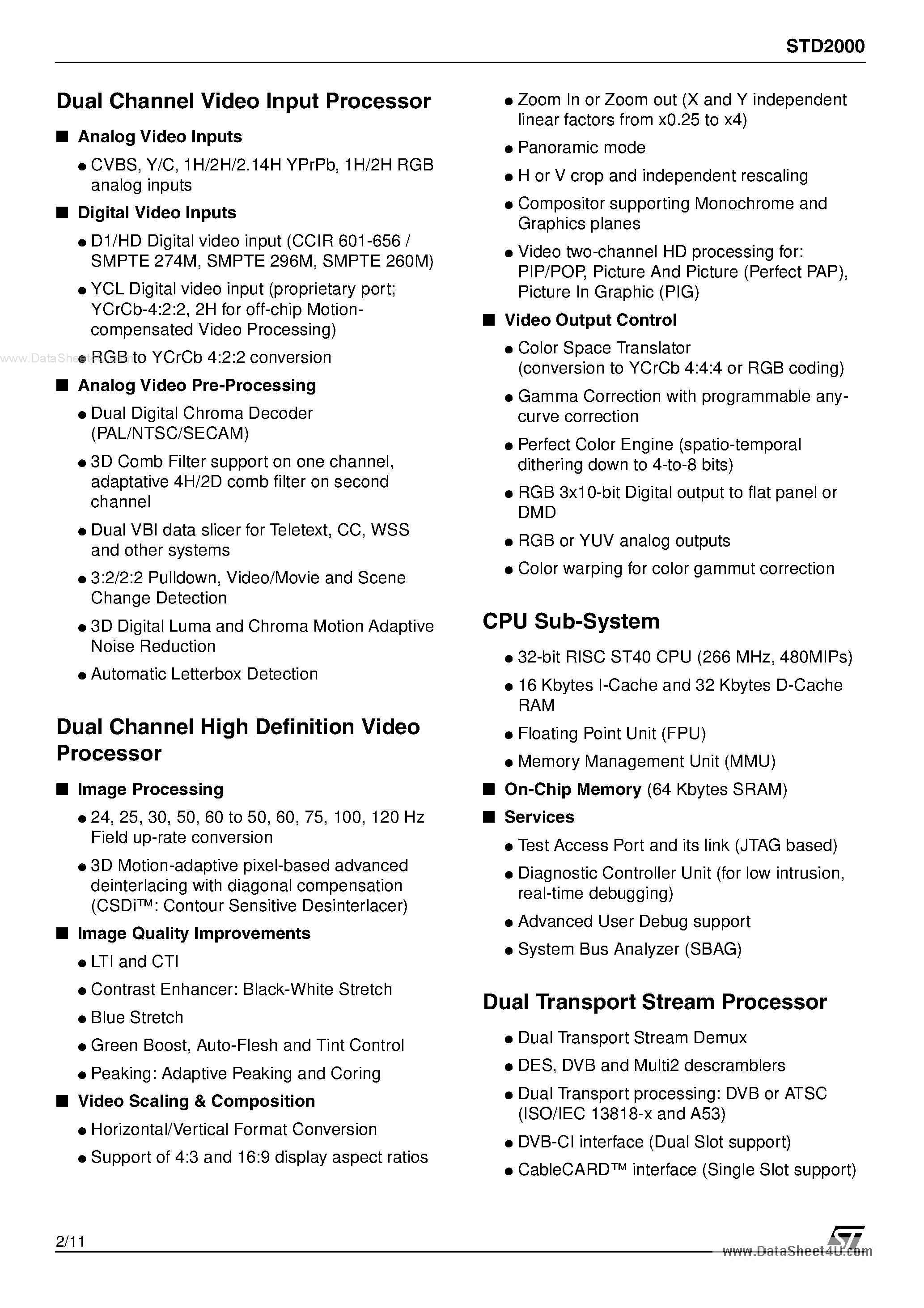 Datasheet STD2000 page 2 Datasheet STD2000 - Single-Chip Worldwide iDTV Processor page 2