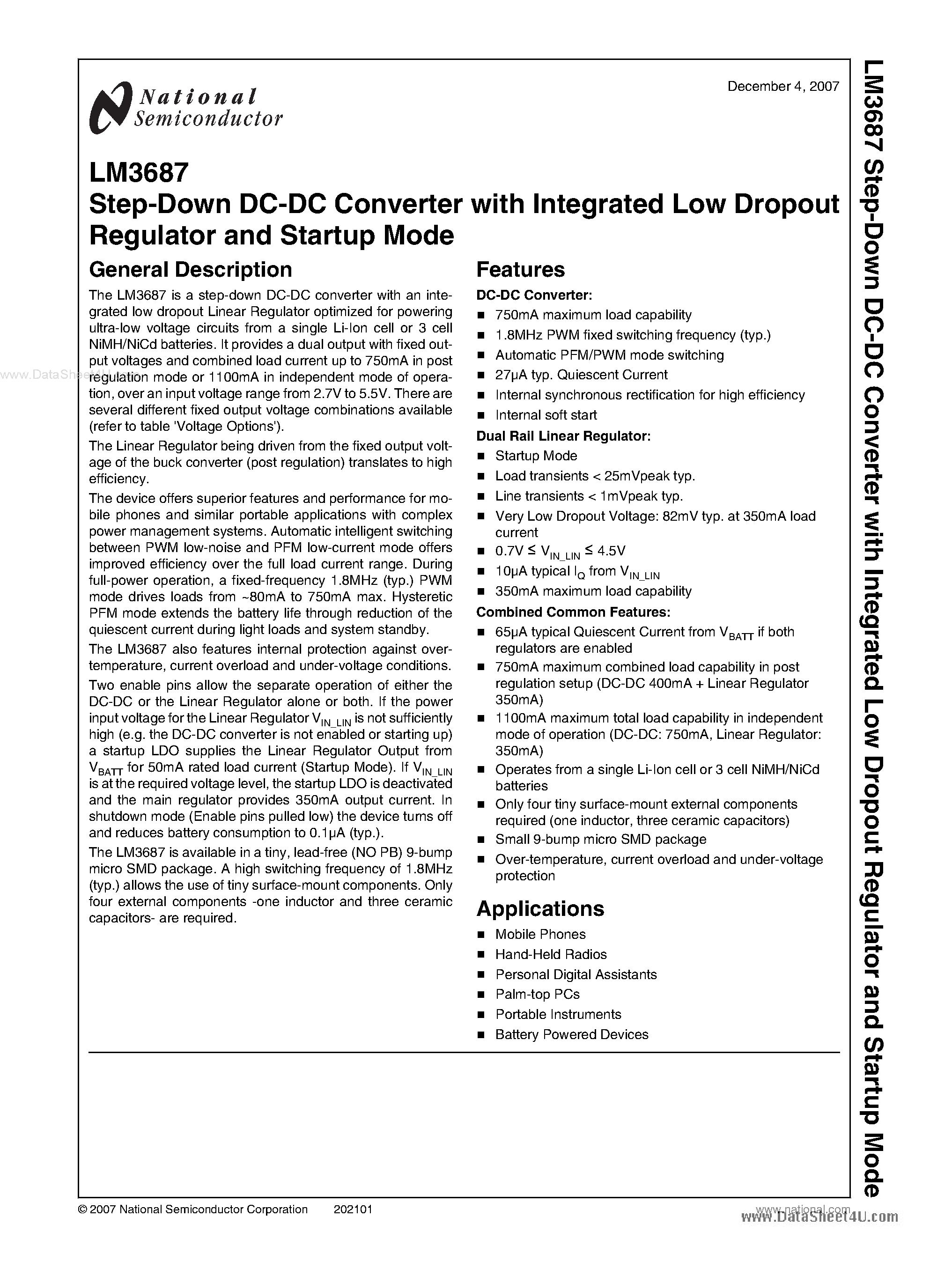 Datasheet LM3687 page 1 Datasheet LM3687 - Step-Down DC-DC Converter page 1