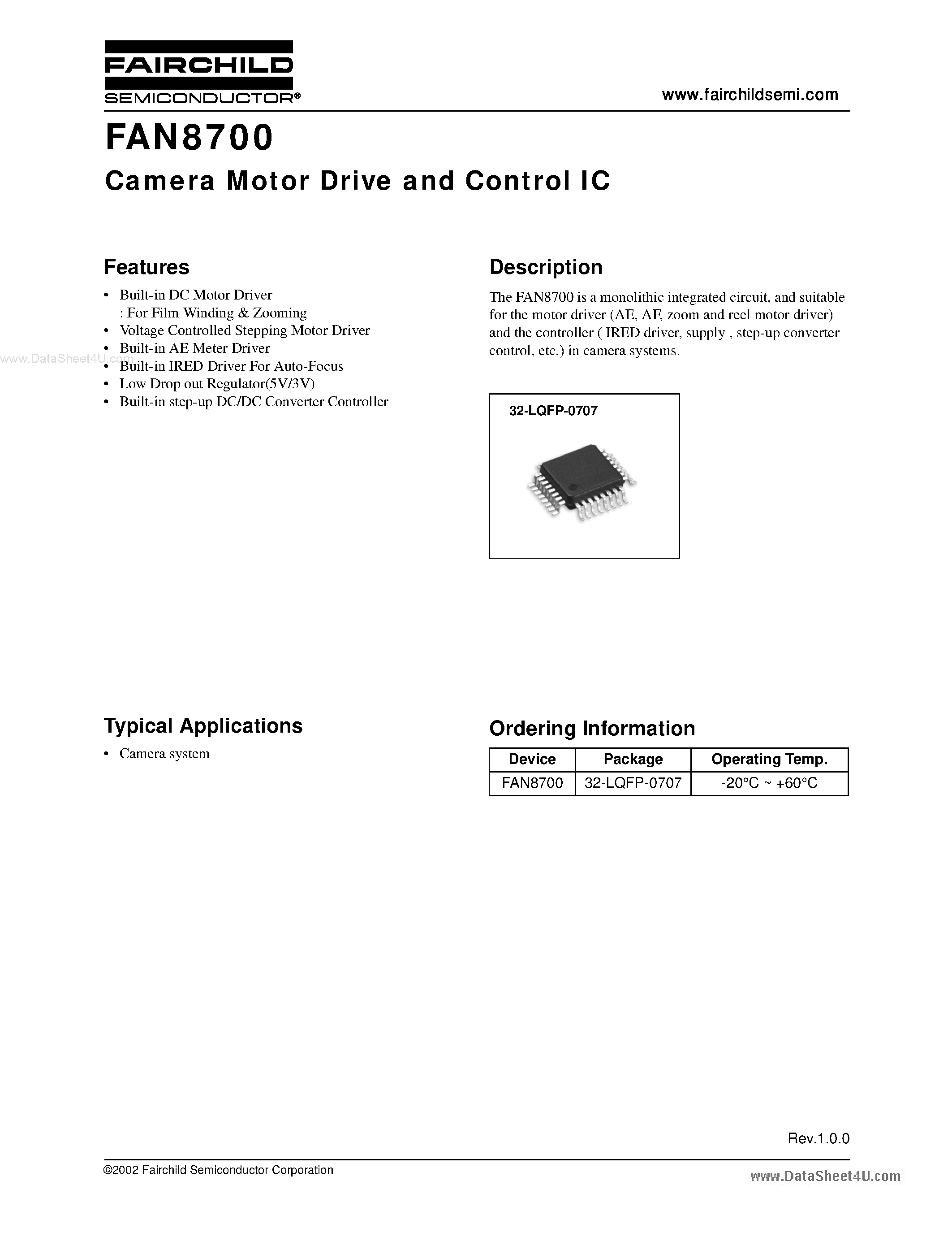 Datasheet FAN8700 - Camera Motor Drive and Control IC page 1