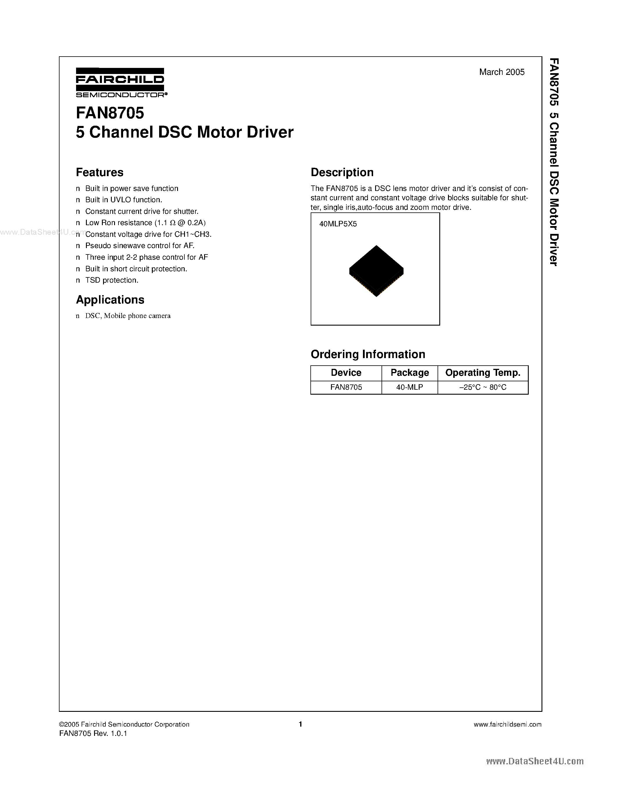 Datasheet FAN8705 - 5 Channel DSC Motor Driver page 1