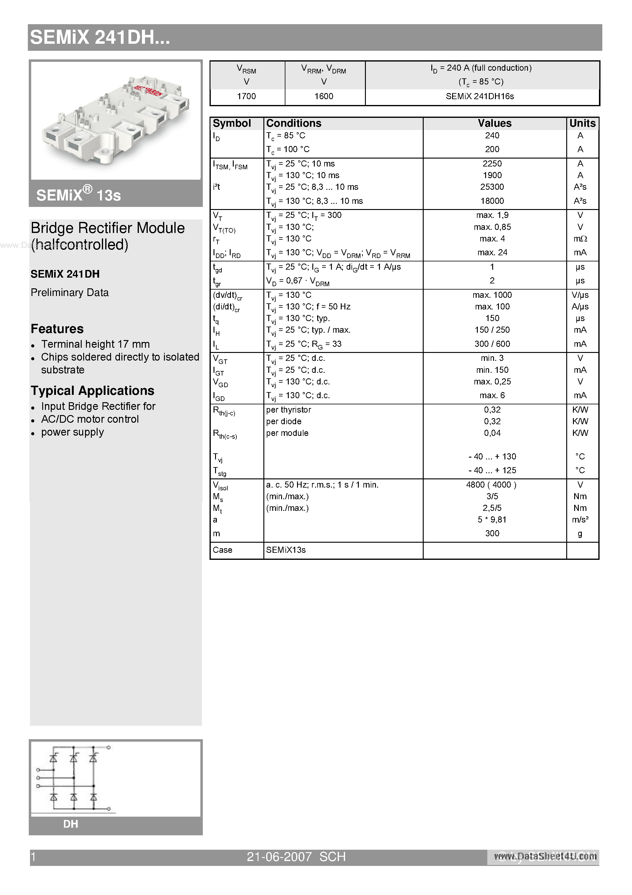 Datasheet SEMIX241DH page 1 Datasheet SEMIX241DH - Bridge Rectifier Module page 1