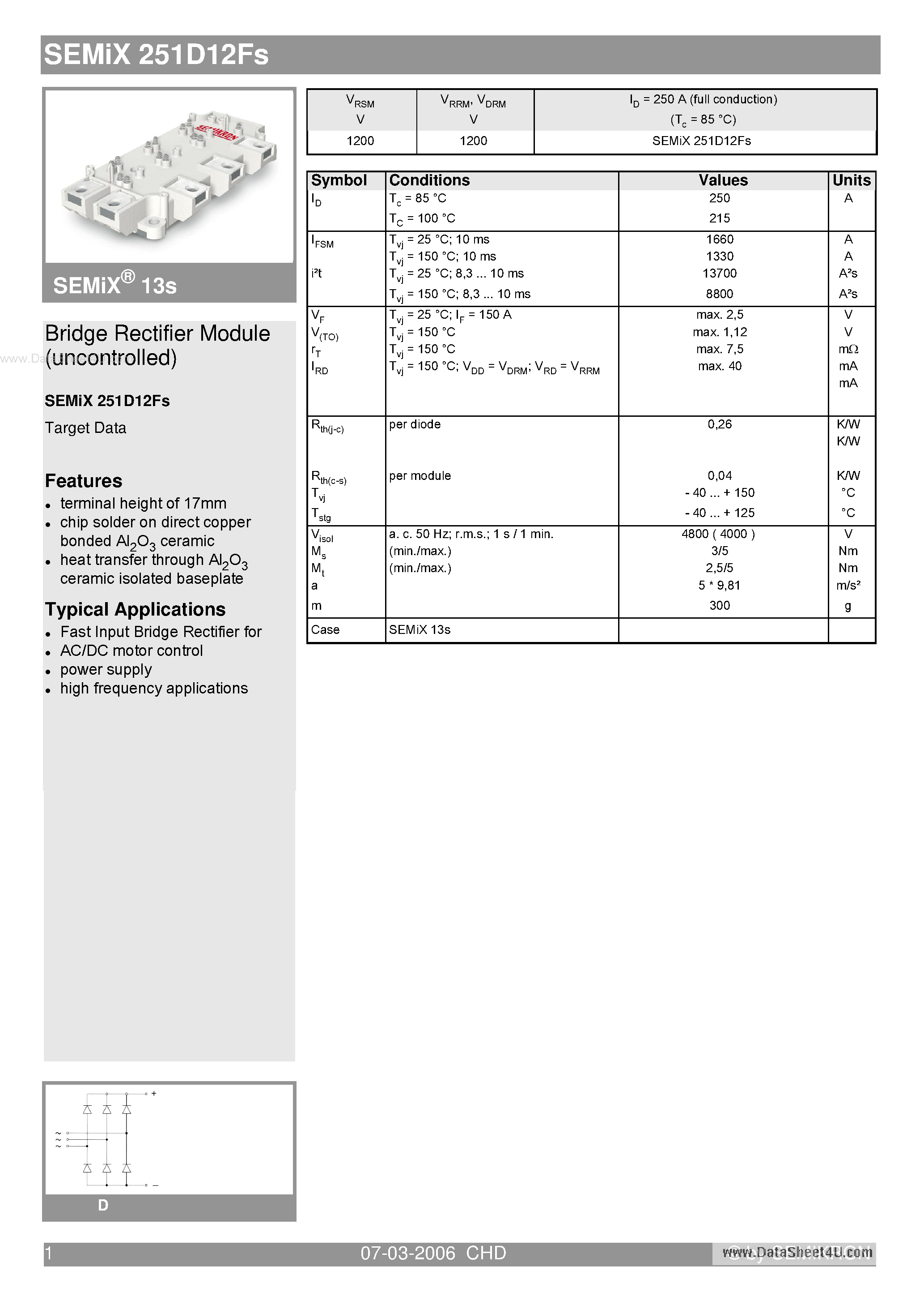 Datasheet SEMIX251D12FS - Bridge Rectifier Module page 1