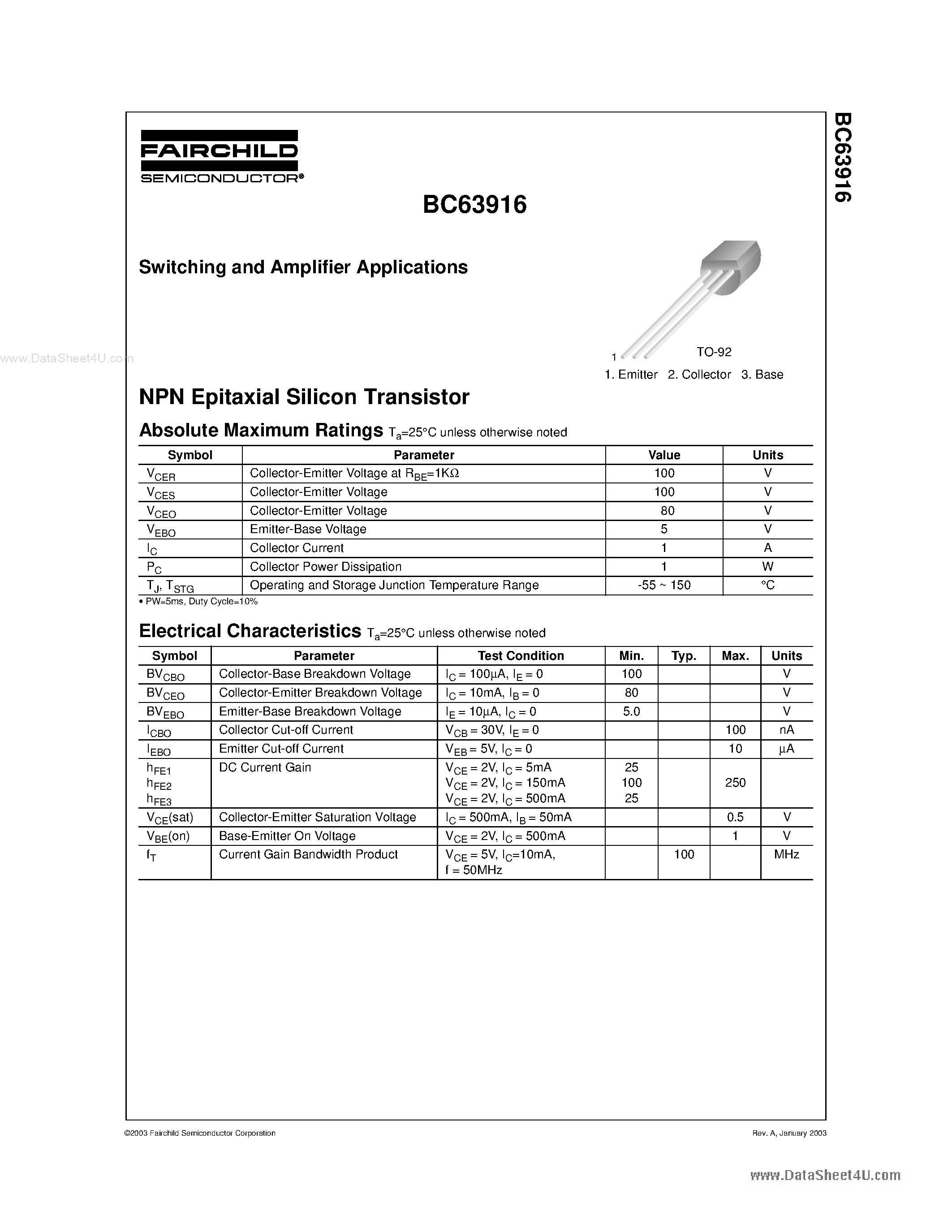 Даташит на микросхему BC63916 страница 1 Даташит BC63916 - Switching and Amplifier Applications страница 1
