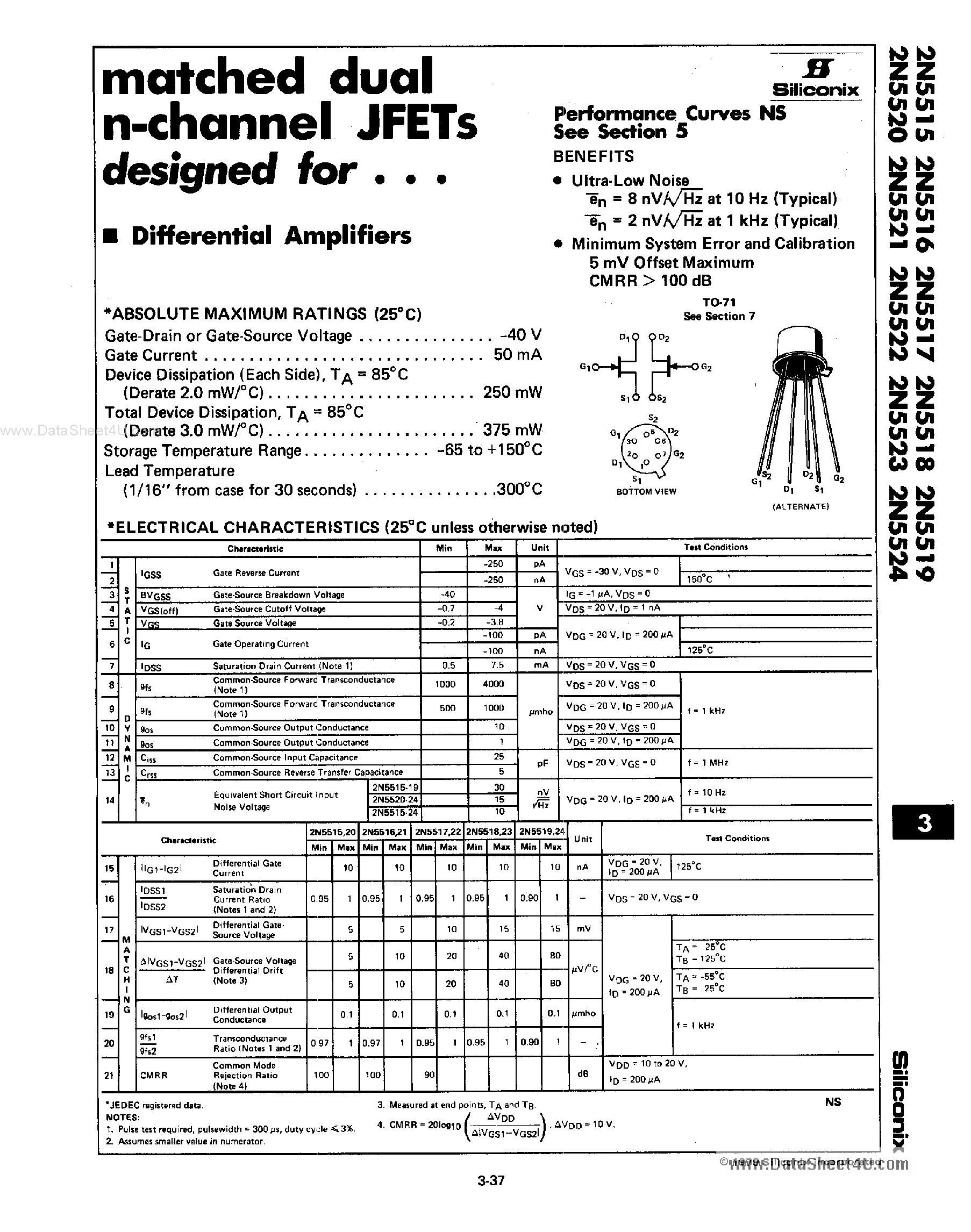 Datasheet 2N5515 page 1 Datasheet 2N5515 - (2N5515 - 2N5524) Dual N-Channel JFETS page 1