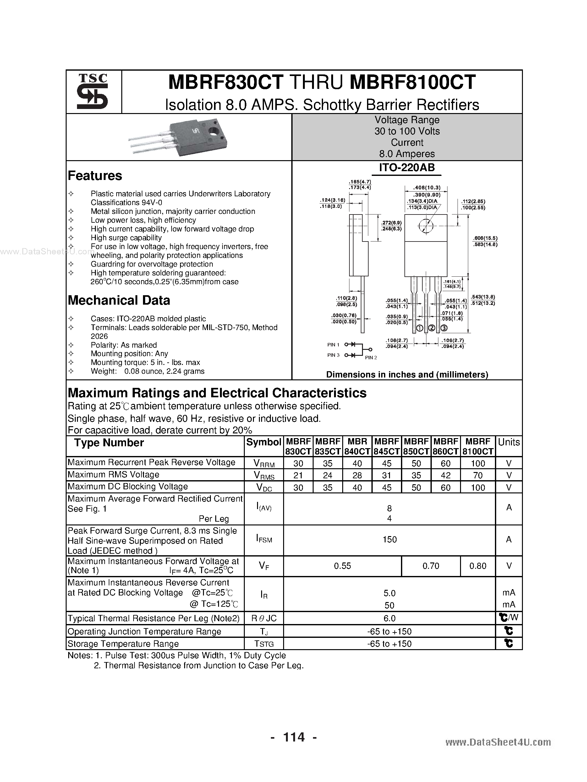Datasheet MBRF8100CT - (MBRF830CT - MBRF8100CT) Schottky Barrier Rectifiers page 1