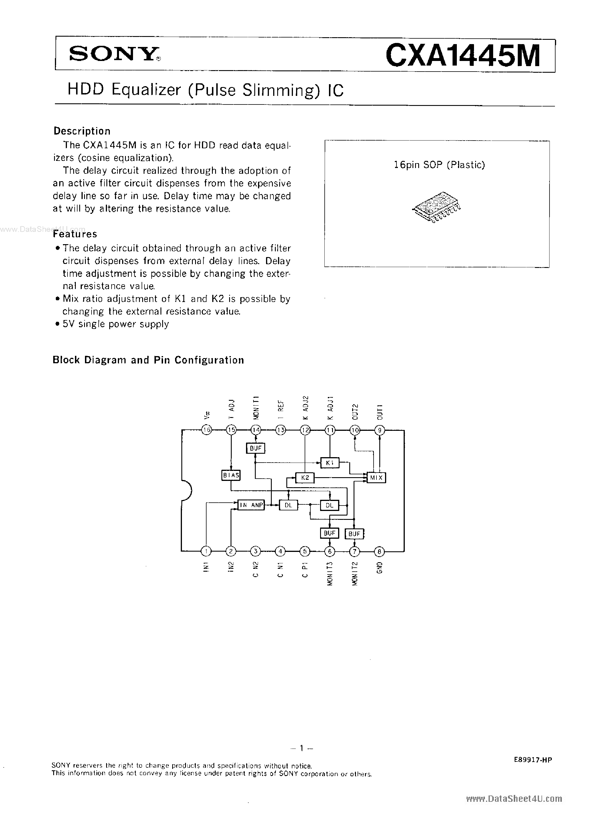 Даташит CXA1445M - HDD Equalizer IC страница 1