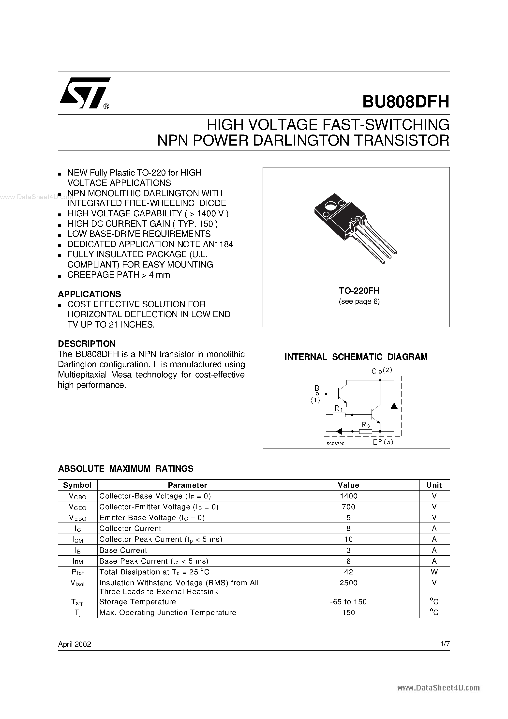 Даташит на микросхему BU808DFH страница 1 Даташит BU808DFH - HIGH VOLTAGE FAST-SWITCHING NPN POWER DARLINGTON TRANSISTOR страница 1