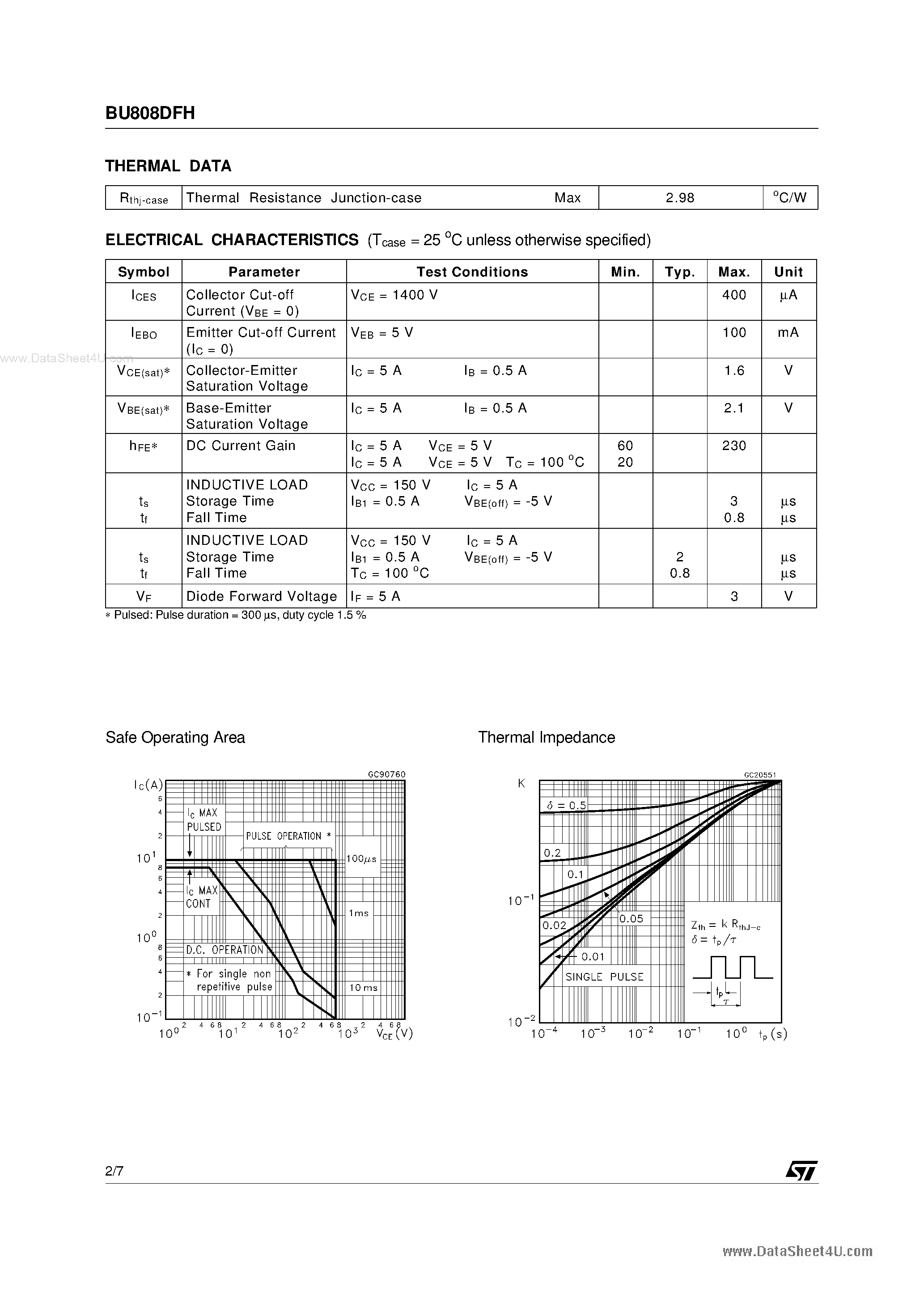 Даташит на микросхему BU808DFH страница 2 Даташит BU808DFH - HIGH VOLTAGE FAST-SWITCHING NPN POWER DARLINGTON TRANSISTOR страница 2