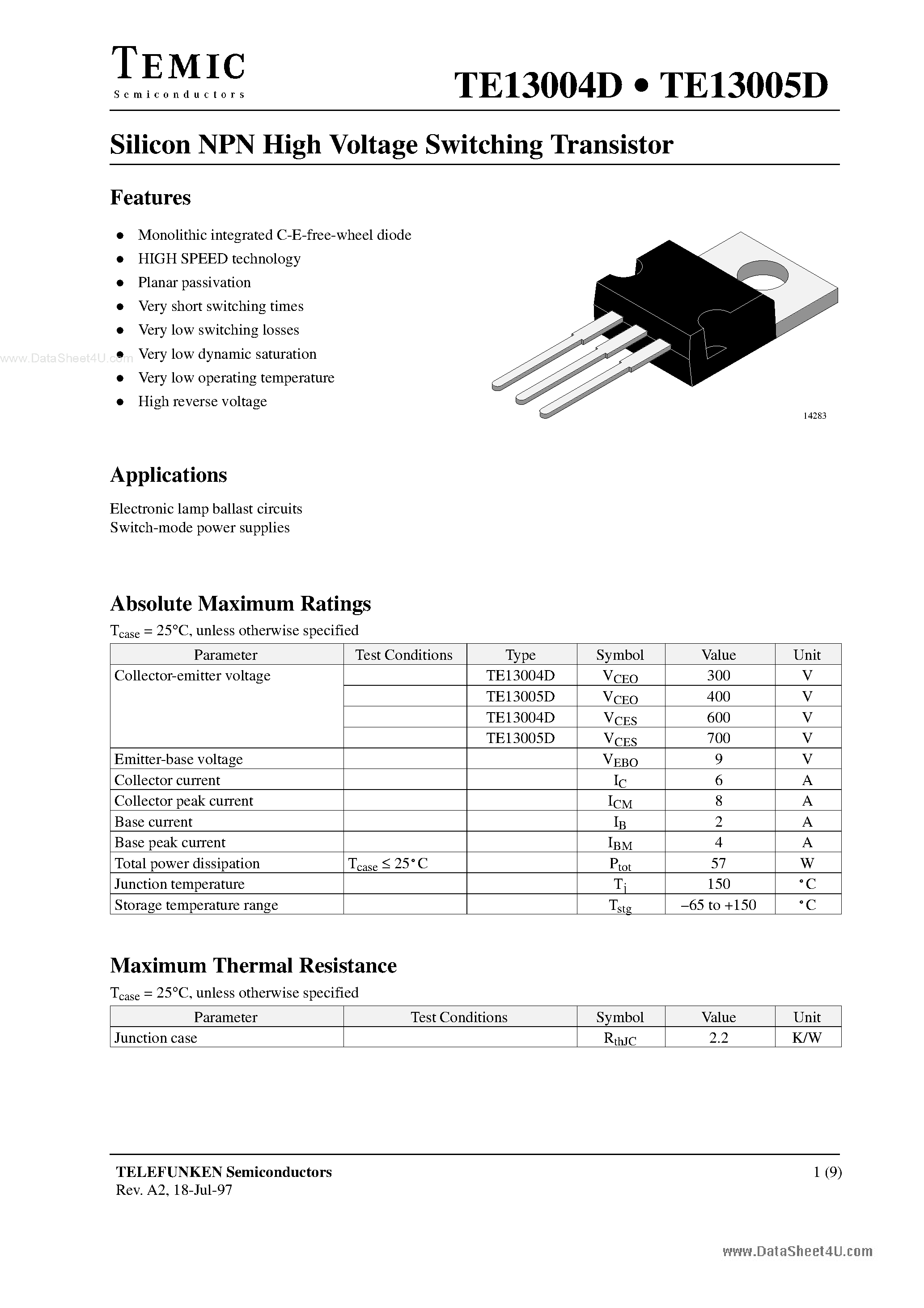 Datasheet TE13005D - (TE13004D / TE13005D) Silicon NPN High Voltage Switching Transistor page 1