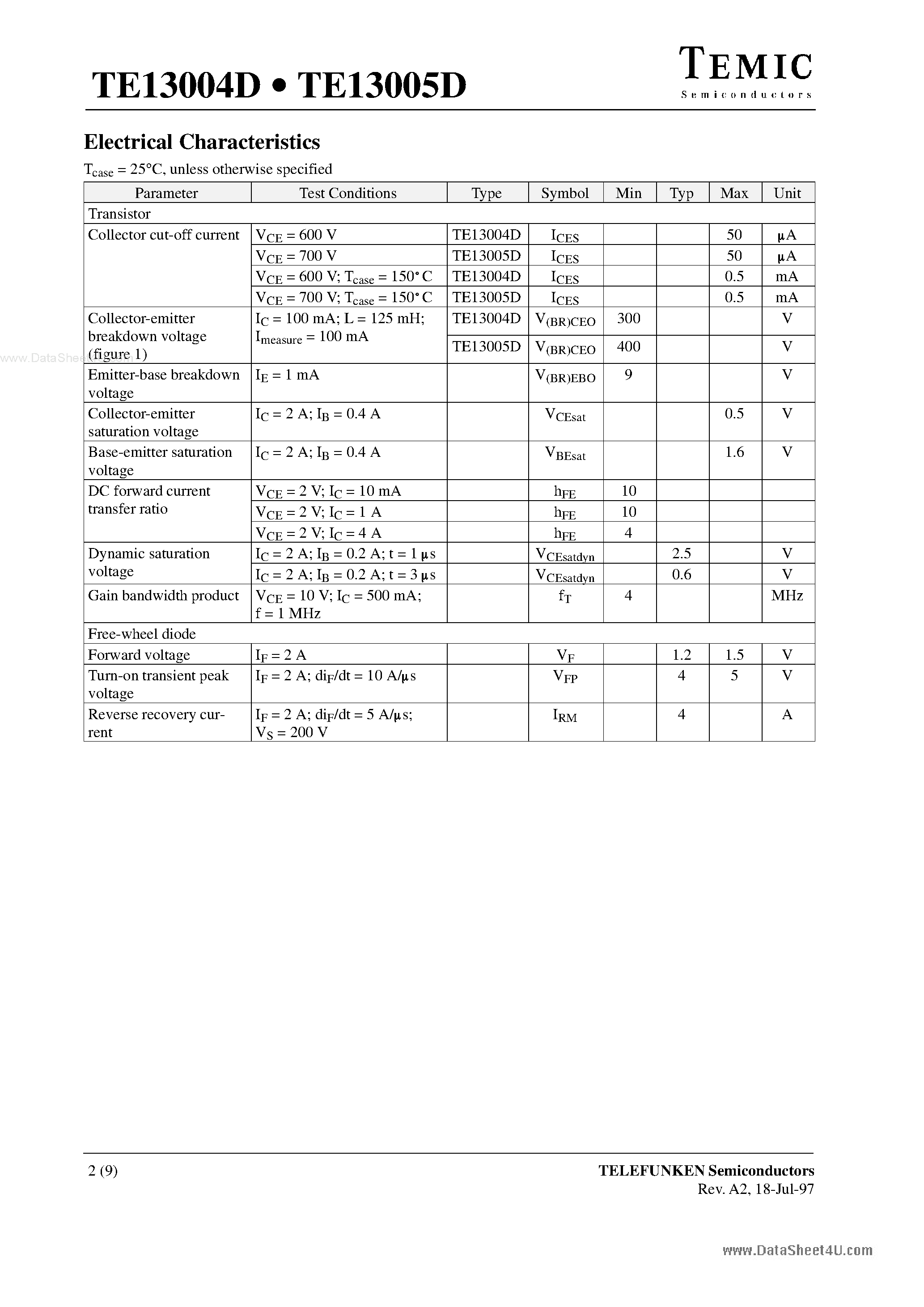Datasheet TE13005D - (TE13004D / TE13005D) Silicon NPN High Voltage Switching Transistor page 2