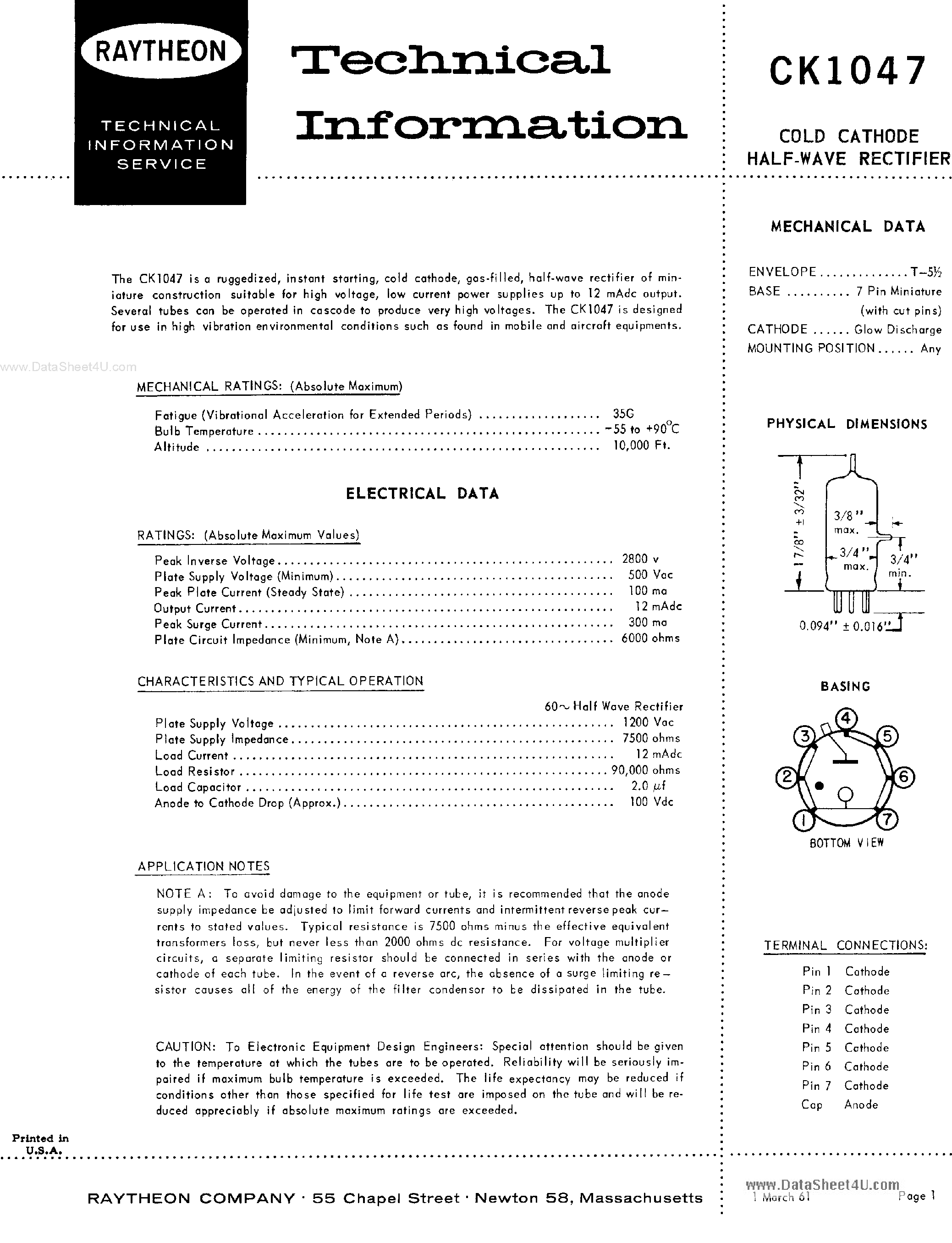 Datasheet CK1047 page 1 Datasheet CK1047 - COLD CATHODE HALF-WAVE RECTIFIER page 1