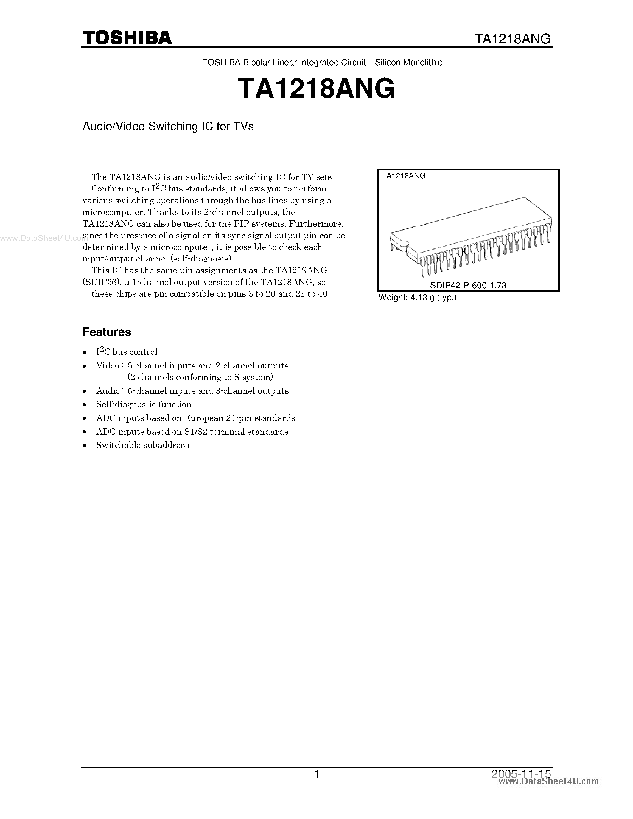 Datasheet TA1218ANG page 1 Datasheet TA1218ANG - Audio/Video Switching IC page 1