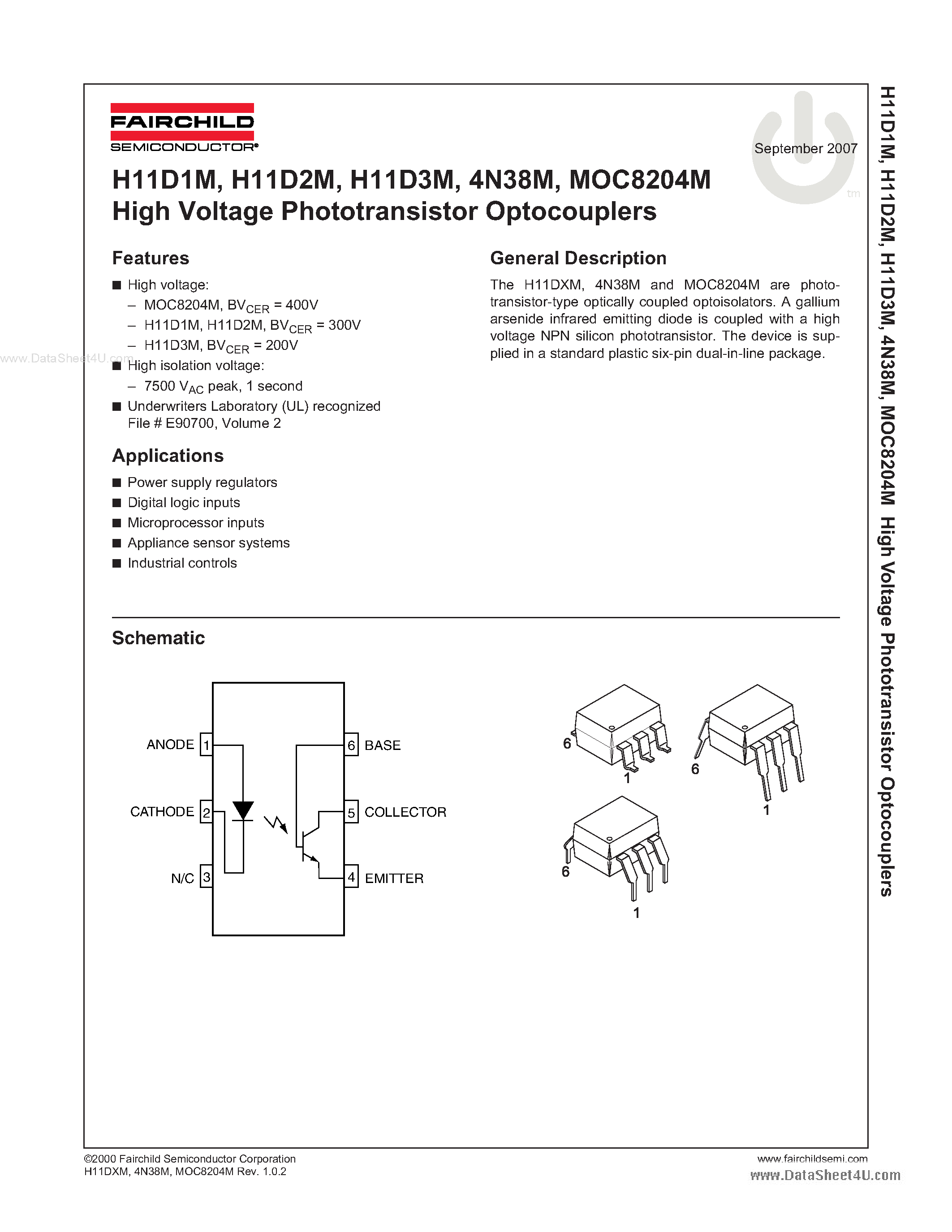 Даташит на микросхему MOC8204M страница 1 Даташит MOC8204M - High Voltage Phototransistor Optocouplers страница 1