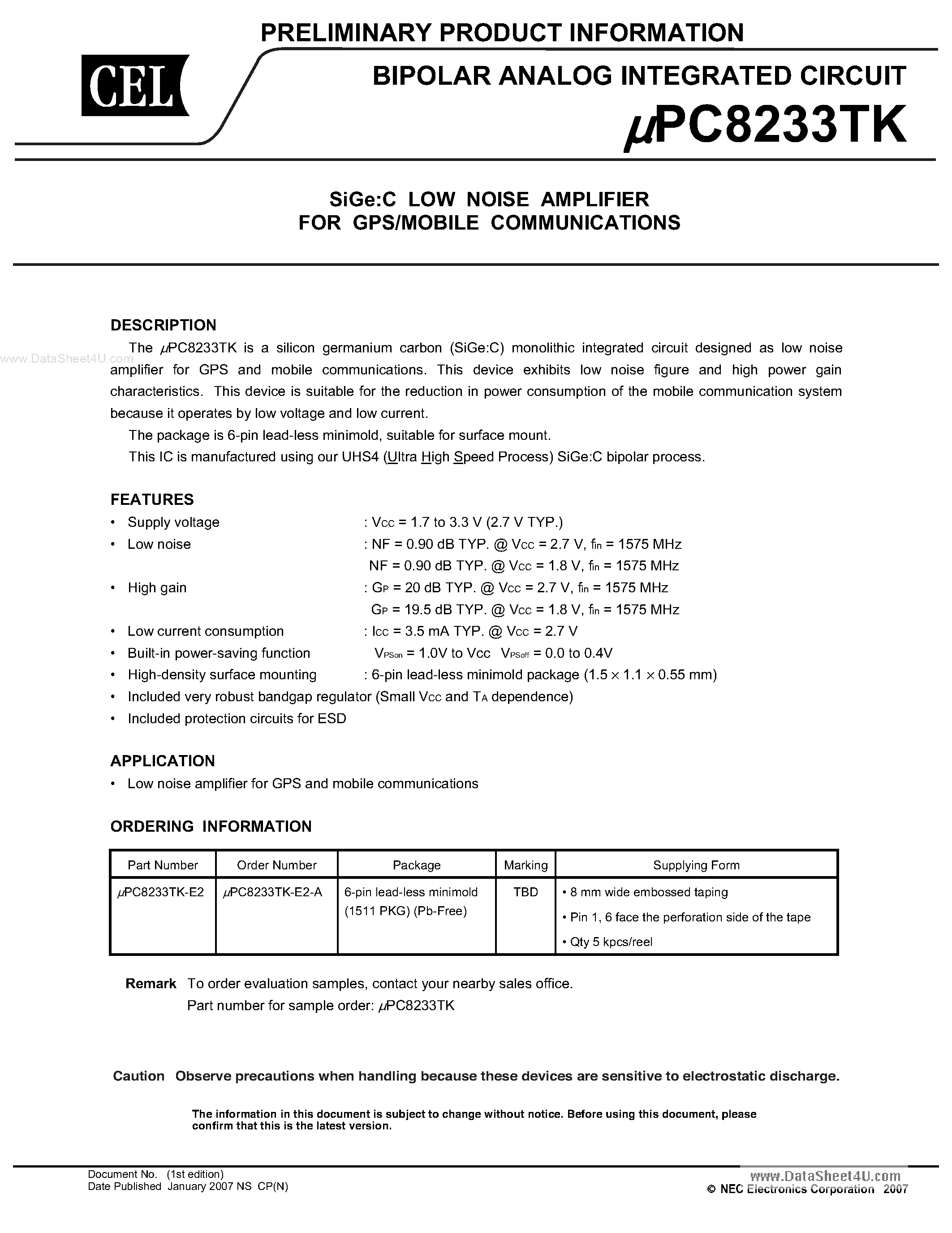 Datasheet UPC8233TK - SiGe:C LOW NOISE AMPLIFIER page 1
