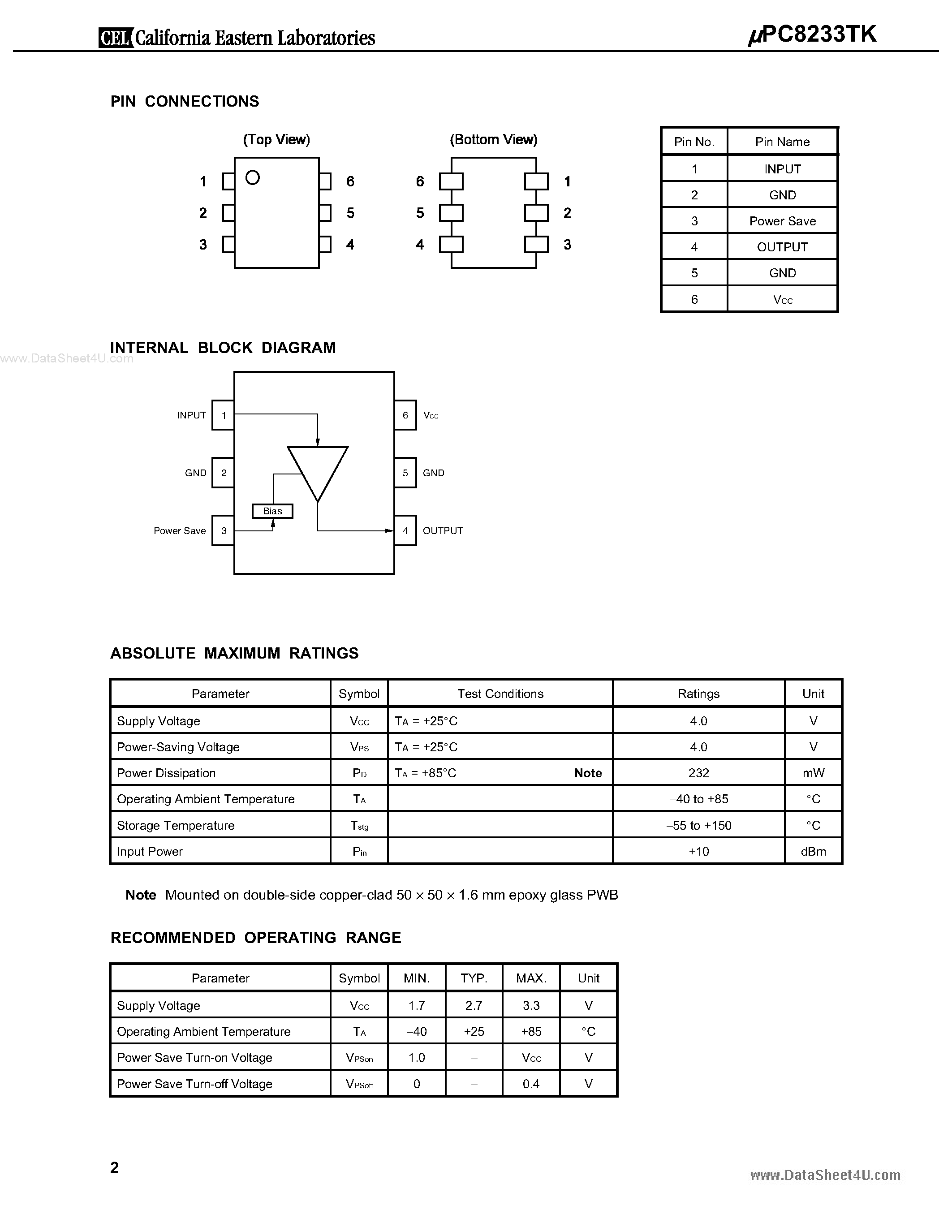 Datasheet UPC8233TK - SiGe:C LOW NOISE AMPLIFIER page 2