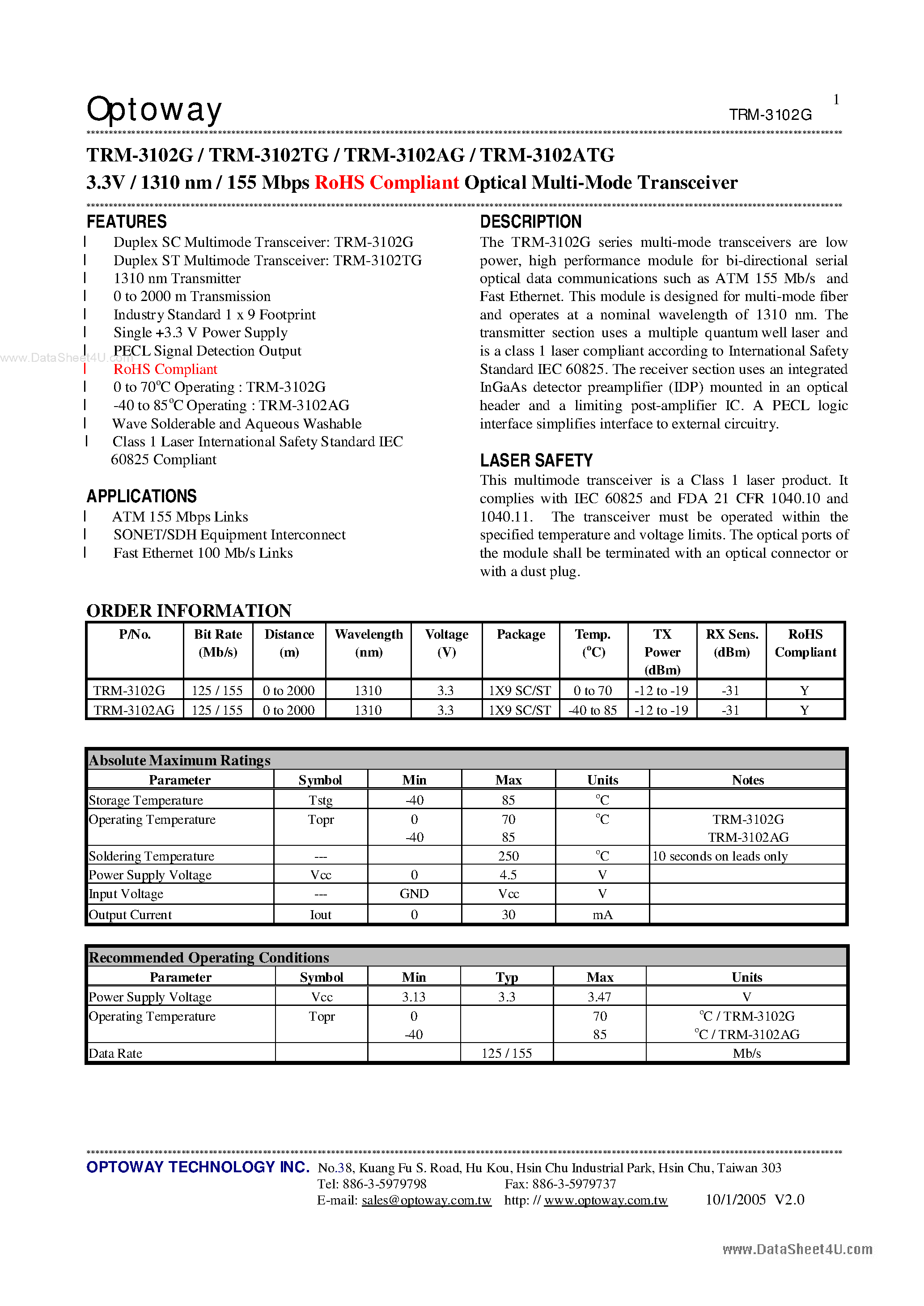 Datasheet TRM-3102G page 1 Datasheet TRM-3102G - 3.3V / 1310 nm / 155 Mbps RoHS Compliant Optical Multi-Mode Transceiver page 1