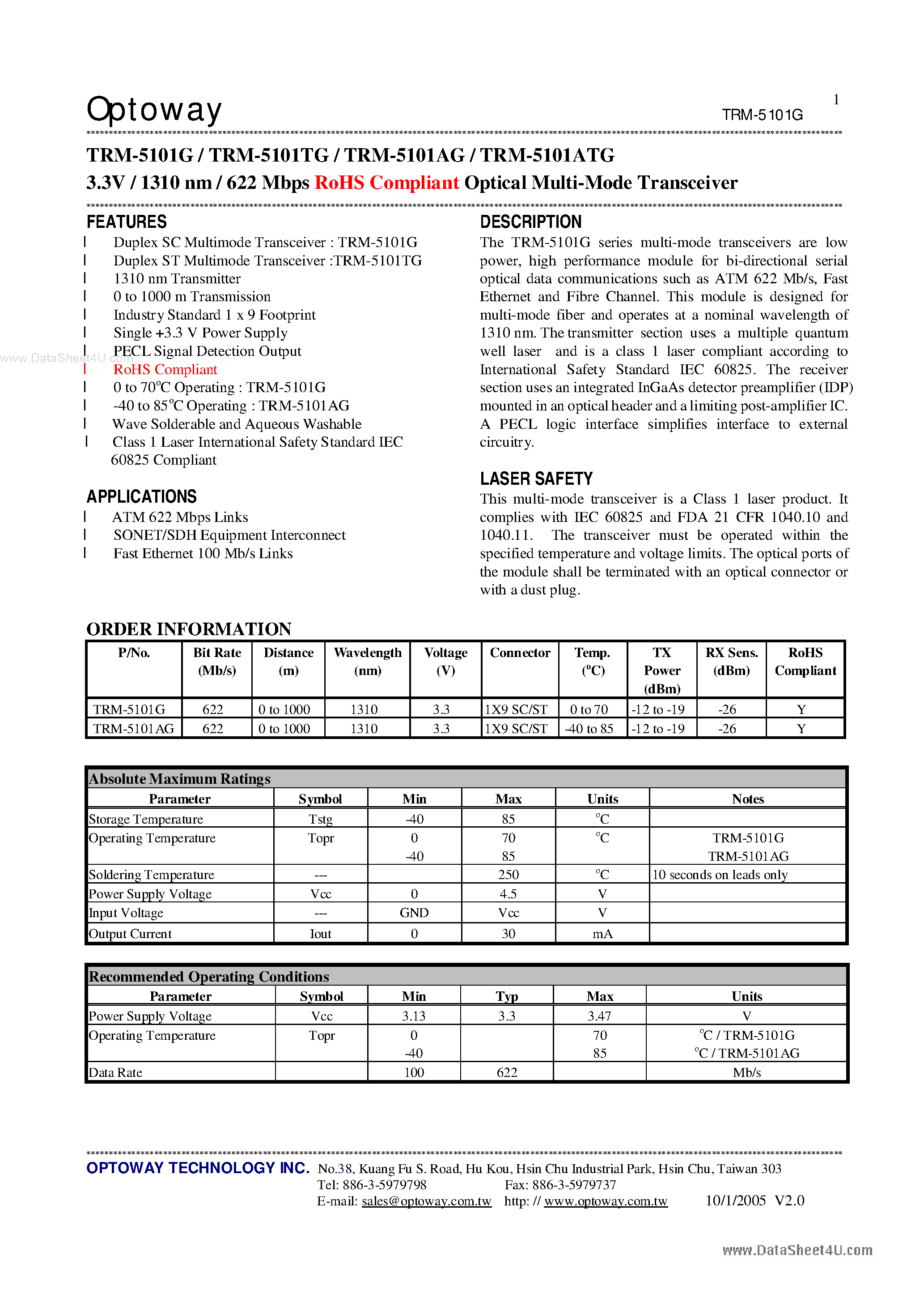 Datasheet TRM-5101G - 3.3V / 1310 nm / 622 Mbps RoHS Compliant Optical Multi-Mode Transceiver page 1