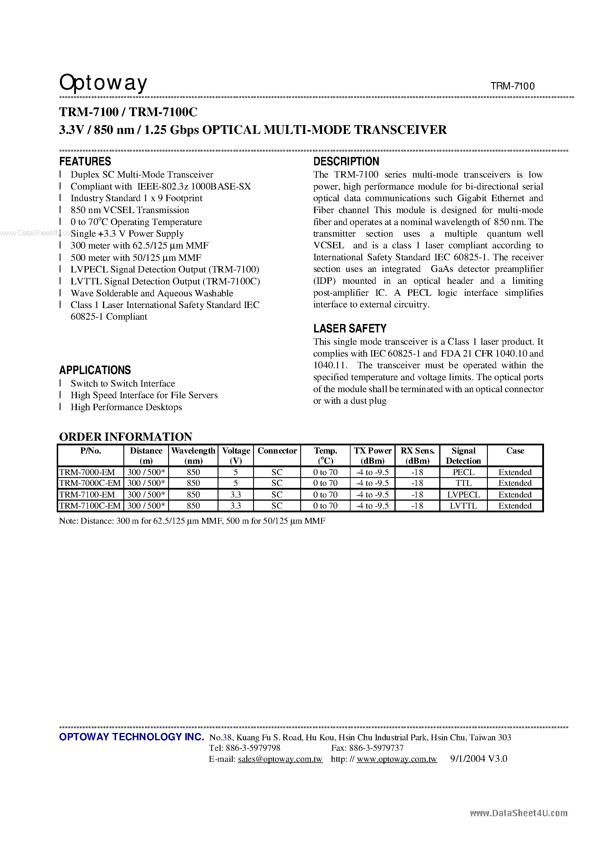 Datasheet TRM-7100 page 1 Datasheet TRM-7100 - 3.3V / 850 nm / 1.25 Gbps OPTICAL MULTI-MODE TRANSCEIVER page 1
