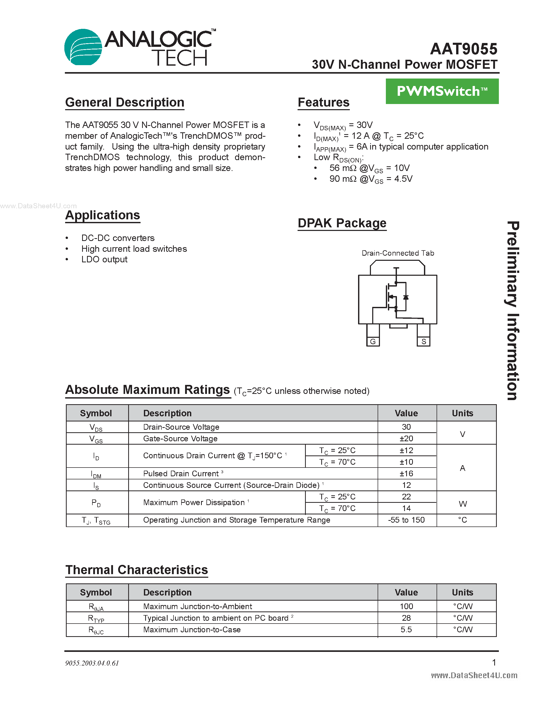 Даташит AAT9055 - 30V N-Channel Power MOSFET страница 1