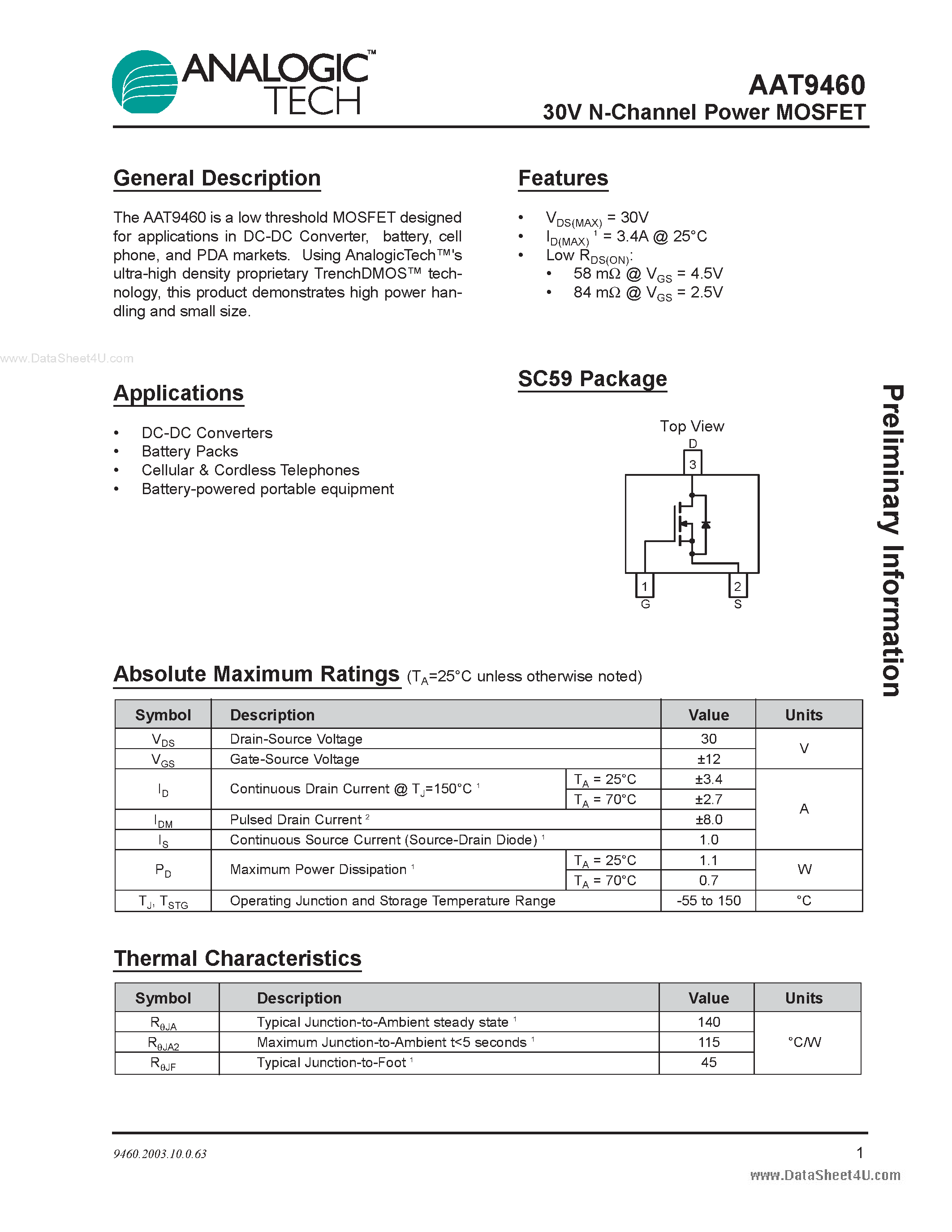 Даташит AAT9460 - 30V N-Channel Power MOSFET страница 1