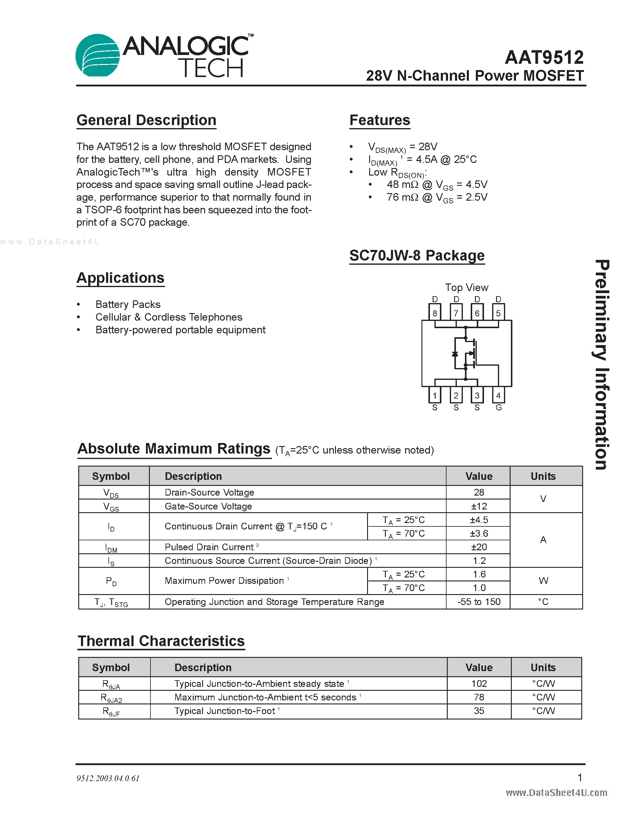Datasheet AAT9512 - 30V N-Channel Power MOSFET page 1