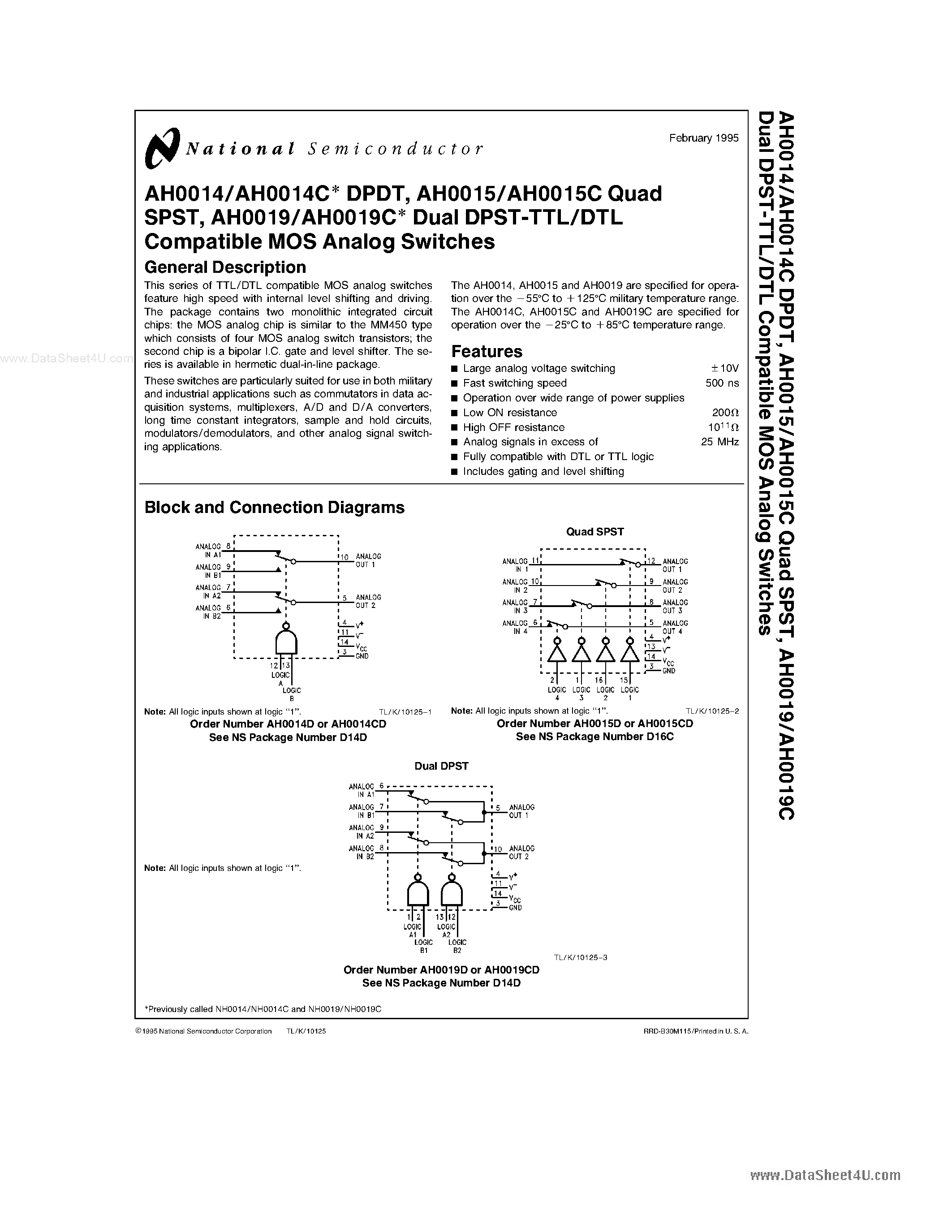Datasheet AH0014 - (AH0014 - AH0019) Dual DPST-TTL/DTL Compatible MOS Analog Switches page 1