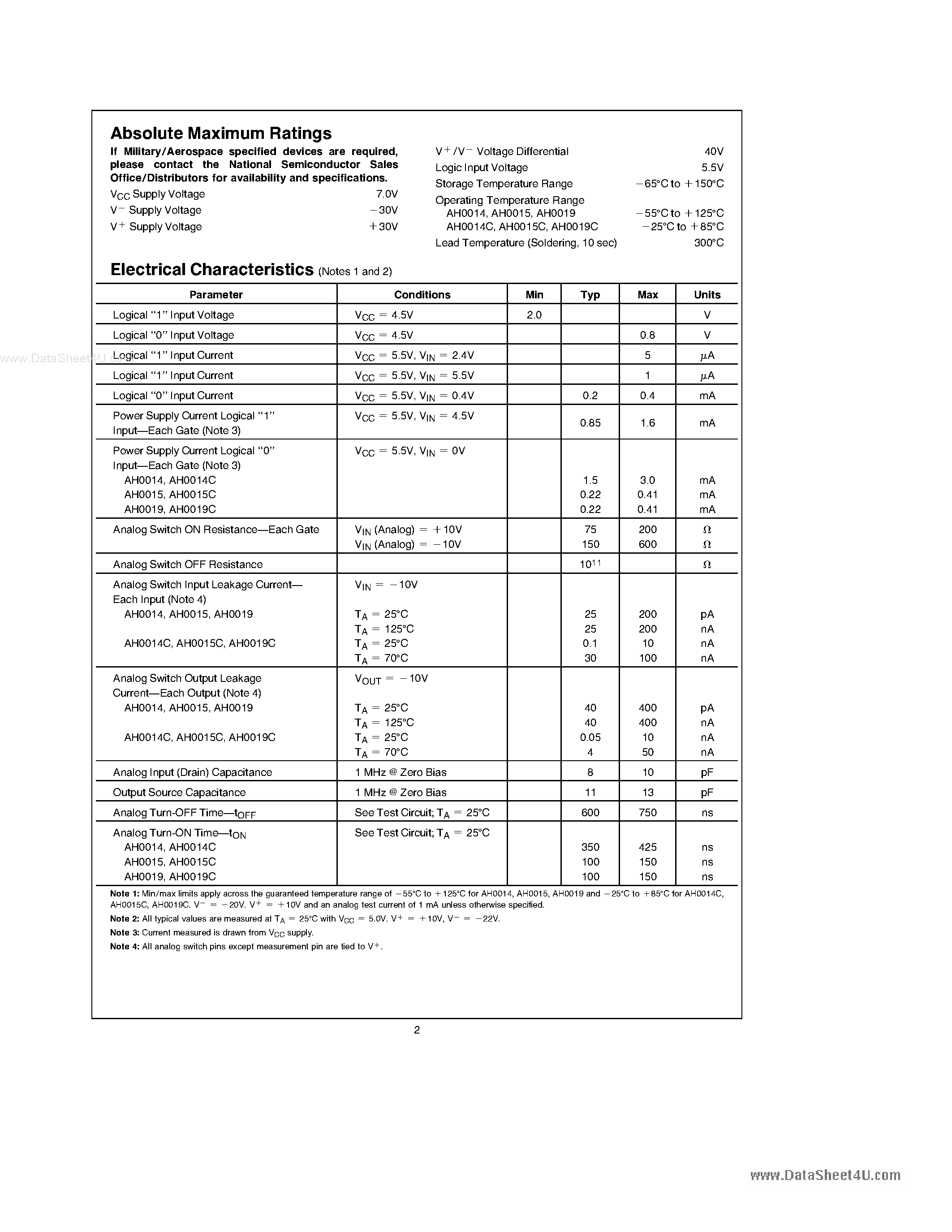 Datasheet AH0014 - (AH0014 - AH0019) Dual DPST-TTL/DTL Compatible MOS Analog Switches page 2