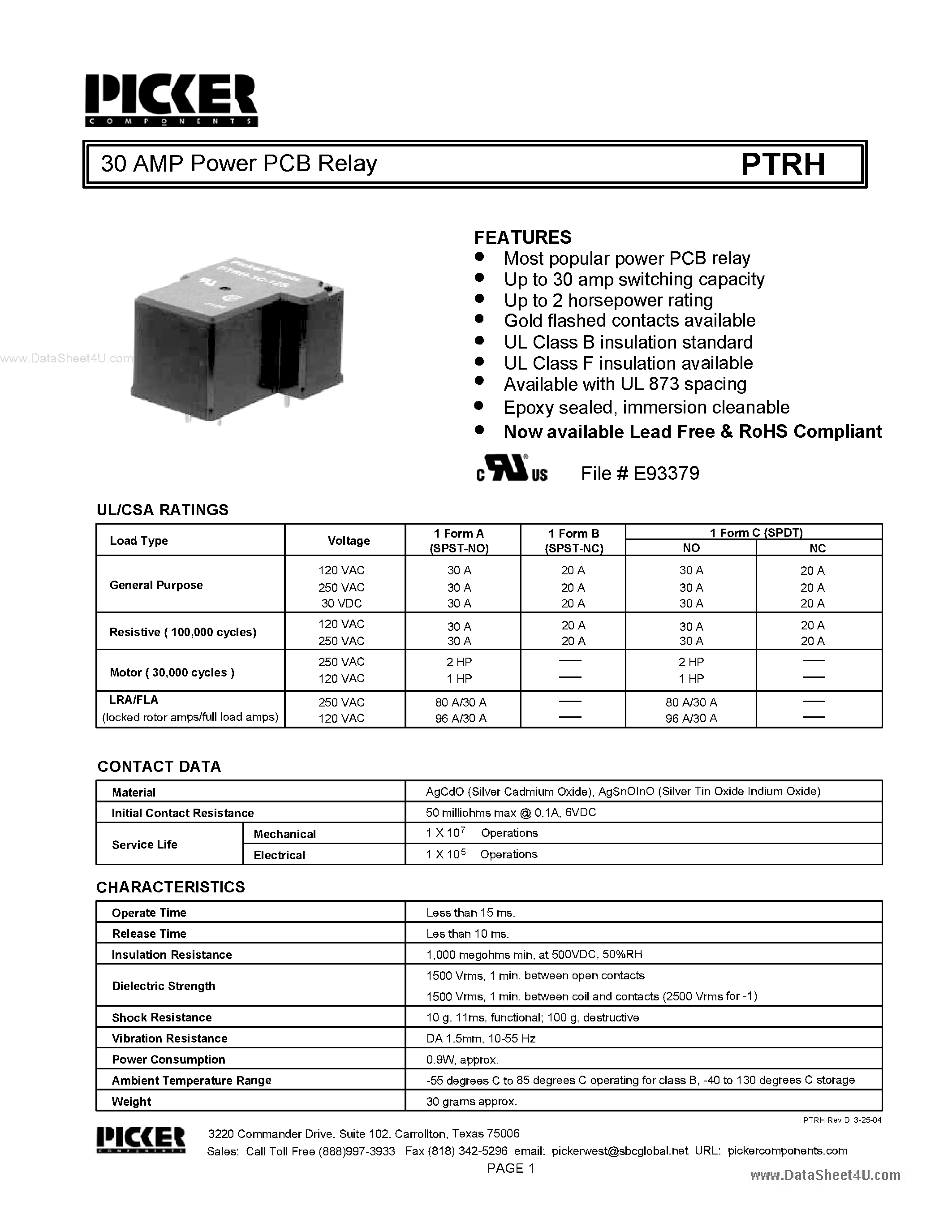 Datasheet PTRH - 30 AMP Power PCB Relay page 1