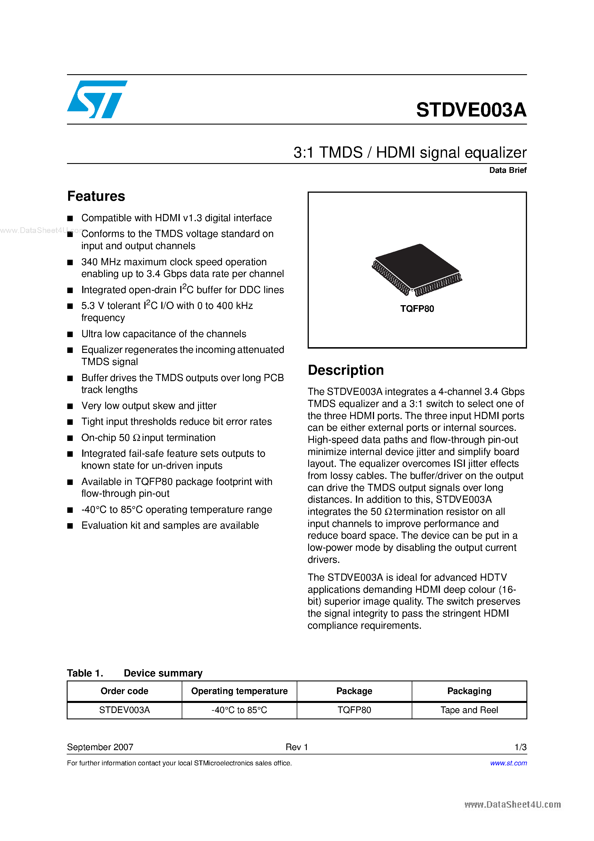 Datasheet STDVE003A page 1 Datasheet STDVE003A - 3:1 TMDS / HDMI signal equalizer page 1