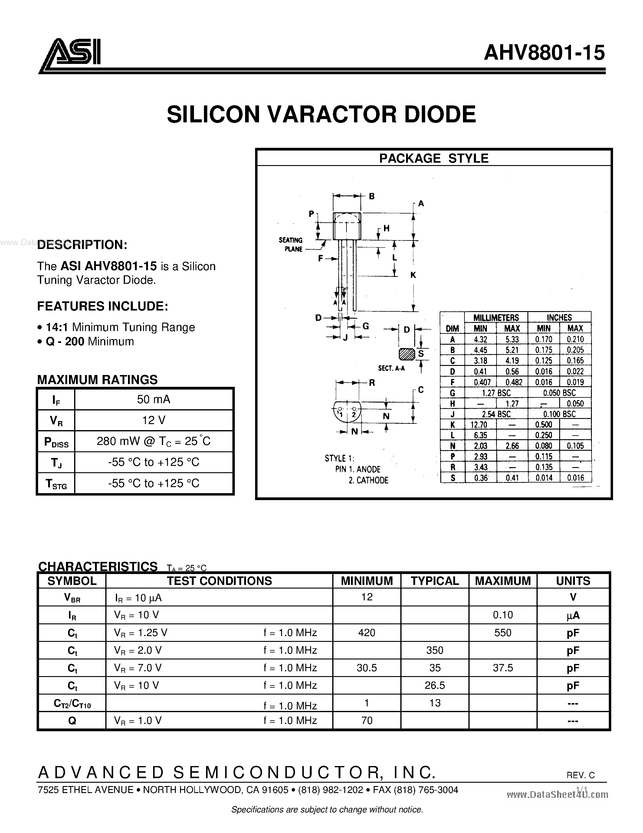 Даташит AHV8801-15 - SILICON VARACTOR DIODE страница 1