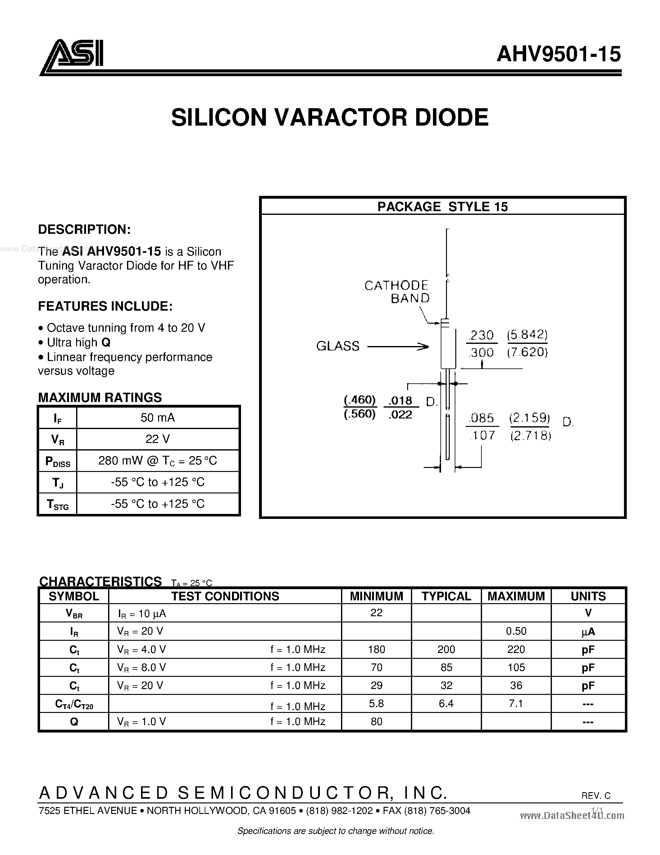 Даташит AHV9501-15 - SILICON VARACTOR DIODE страница 1