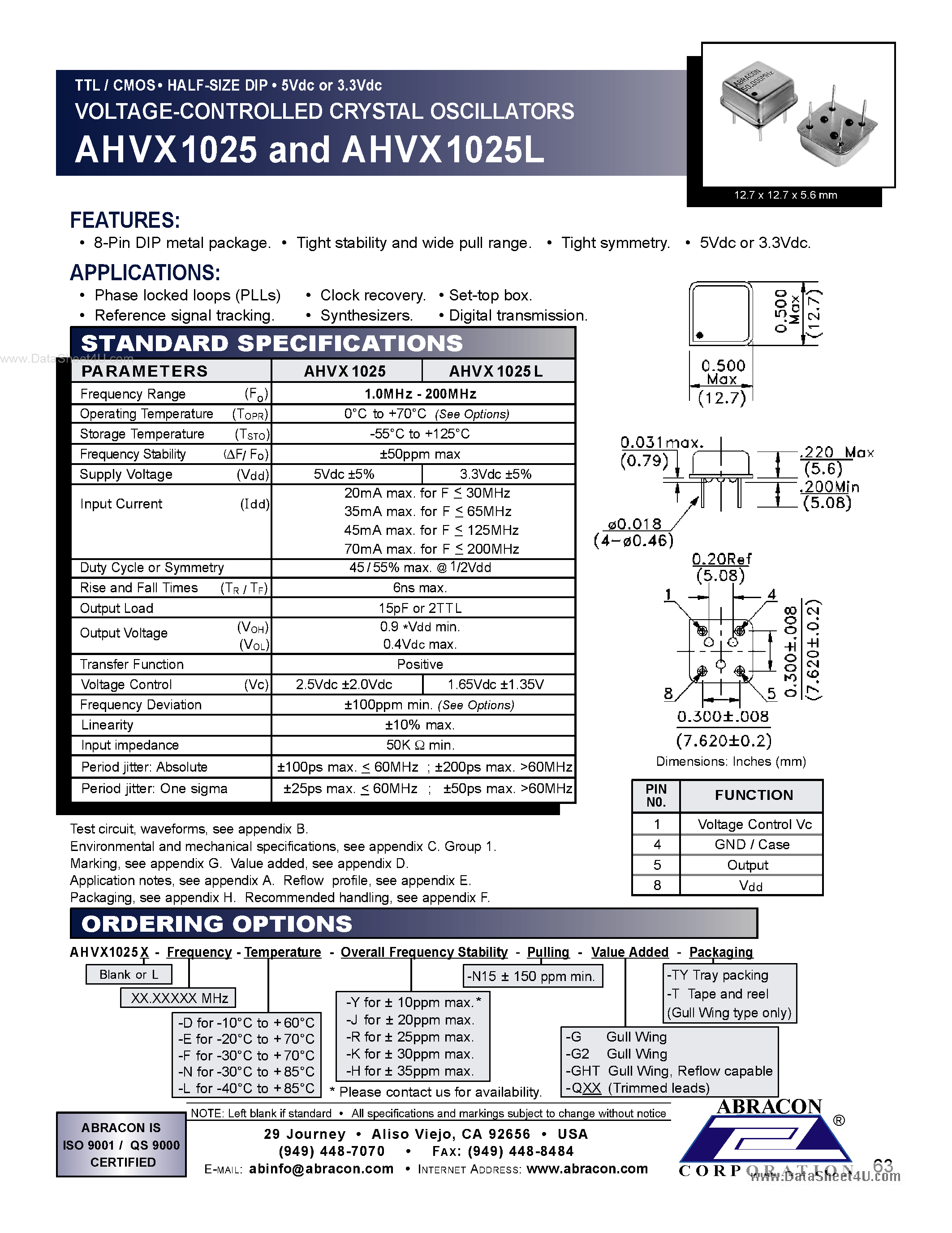 Datasheet AHVX1025 - TTL / CMOS HALF-SIZE DIP 5Vdc or 3.3Vdc VOLTAGE-CONTROLLED CRYSTAL OSCILLATORS page 1