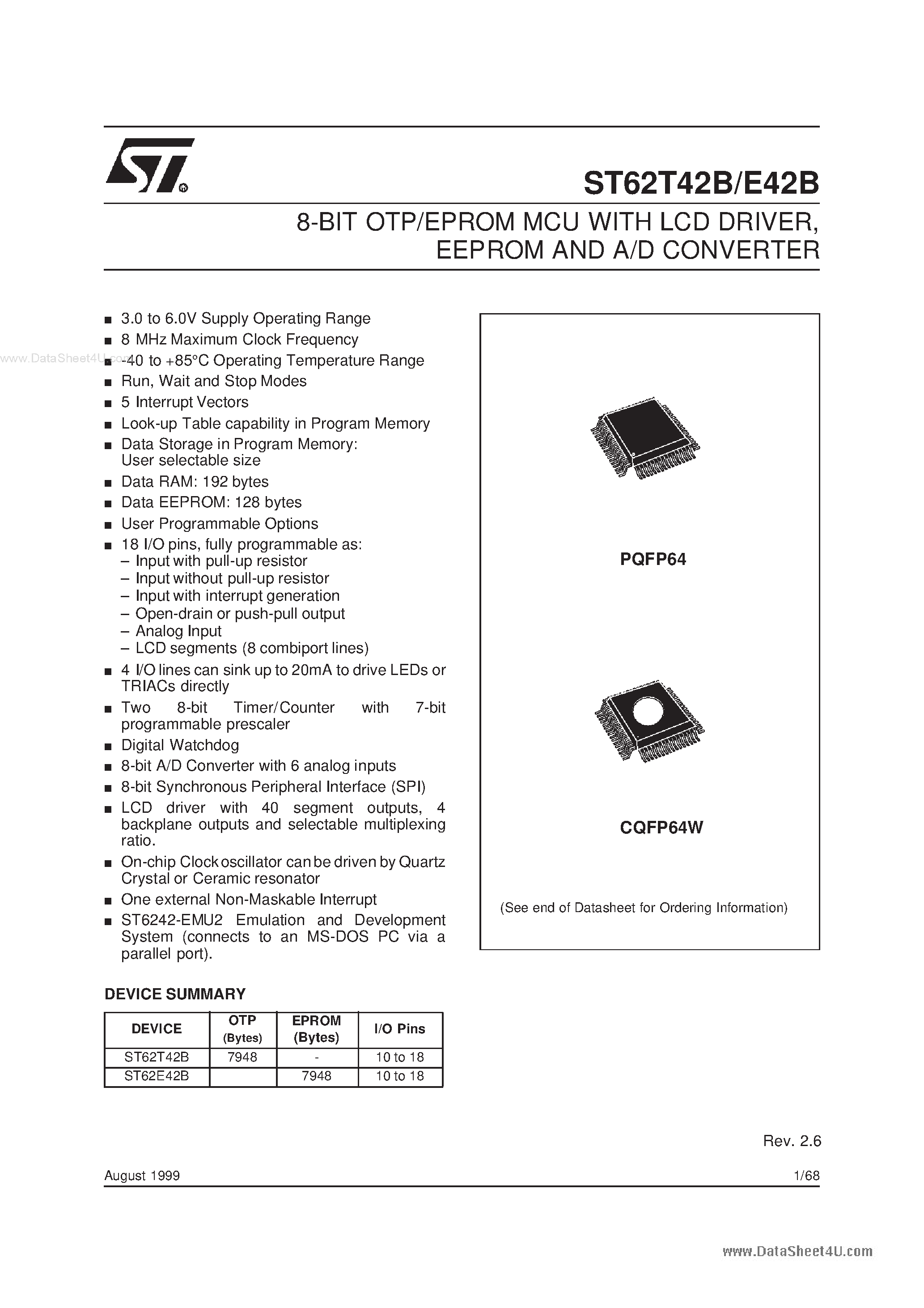 Даташит на микросхему ST62E42B страница 1 Даташит ST62E42B - 8-BIT OTP/EPROM MCU страница 1