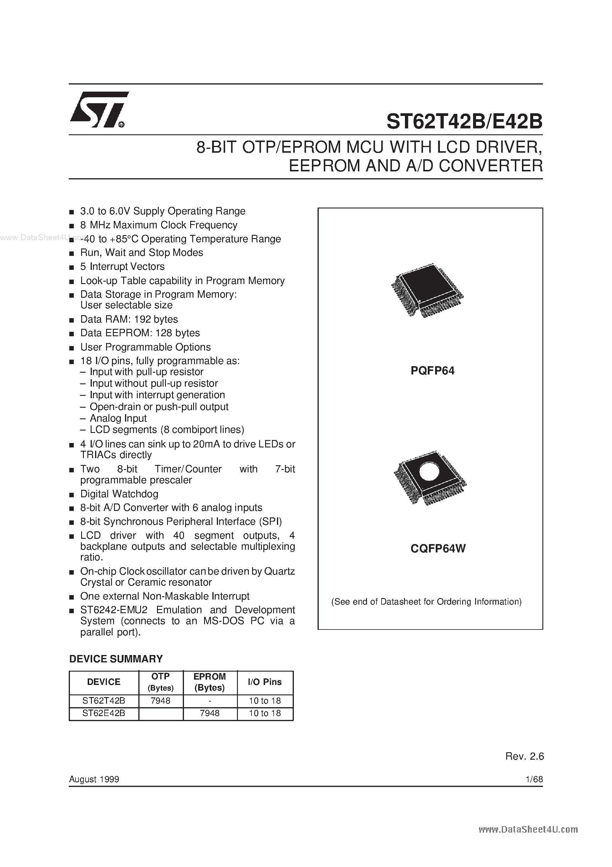 Datasheet ST62E42B - 8-BIT OTP/EPROM MCU page 1