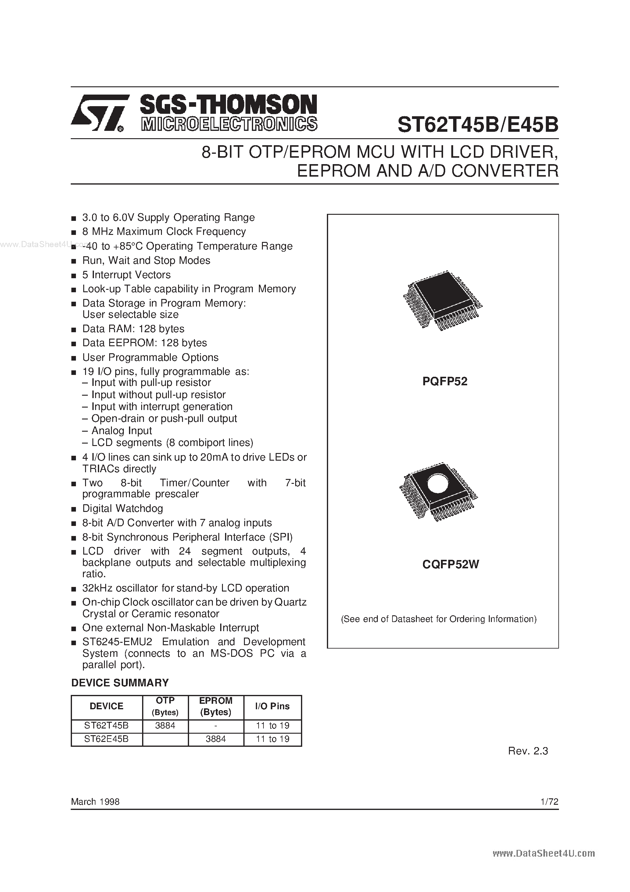 Datasheet ST62E45B page 1 Datasheet ST62E45B - 8-BIT OTP/EPROM MCU page 1