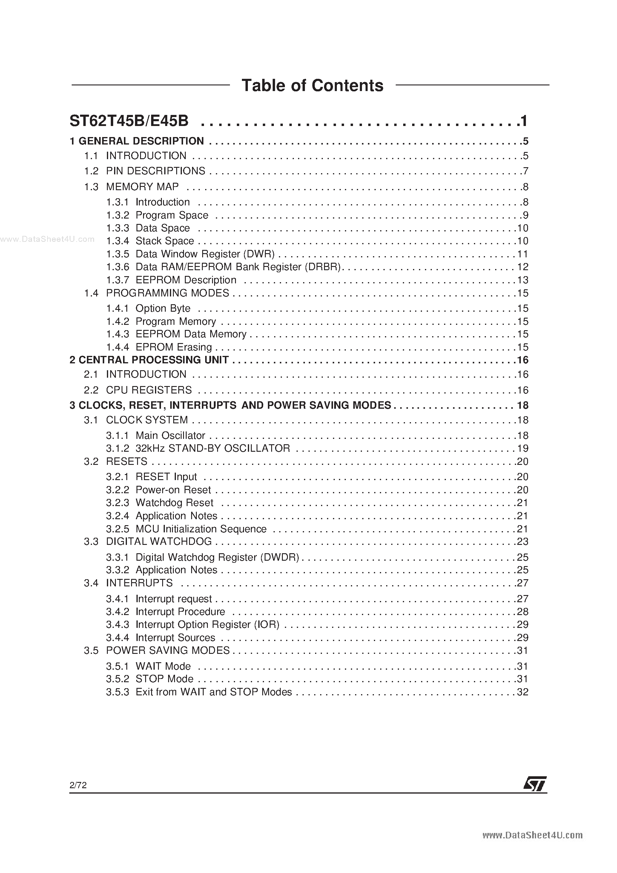 Datasheet ST62E45B page 2 Datasheet ST62E45B - 8-BIT OTP/EPROM MCU page 2