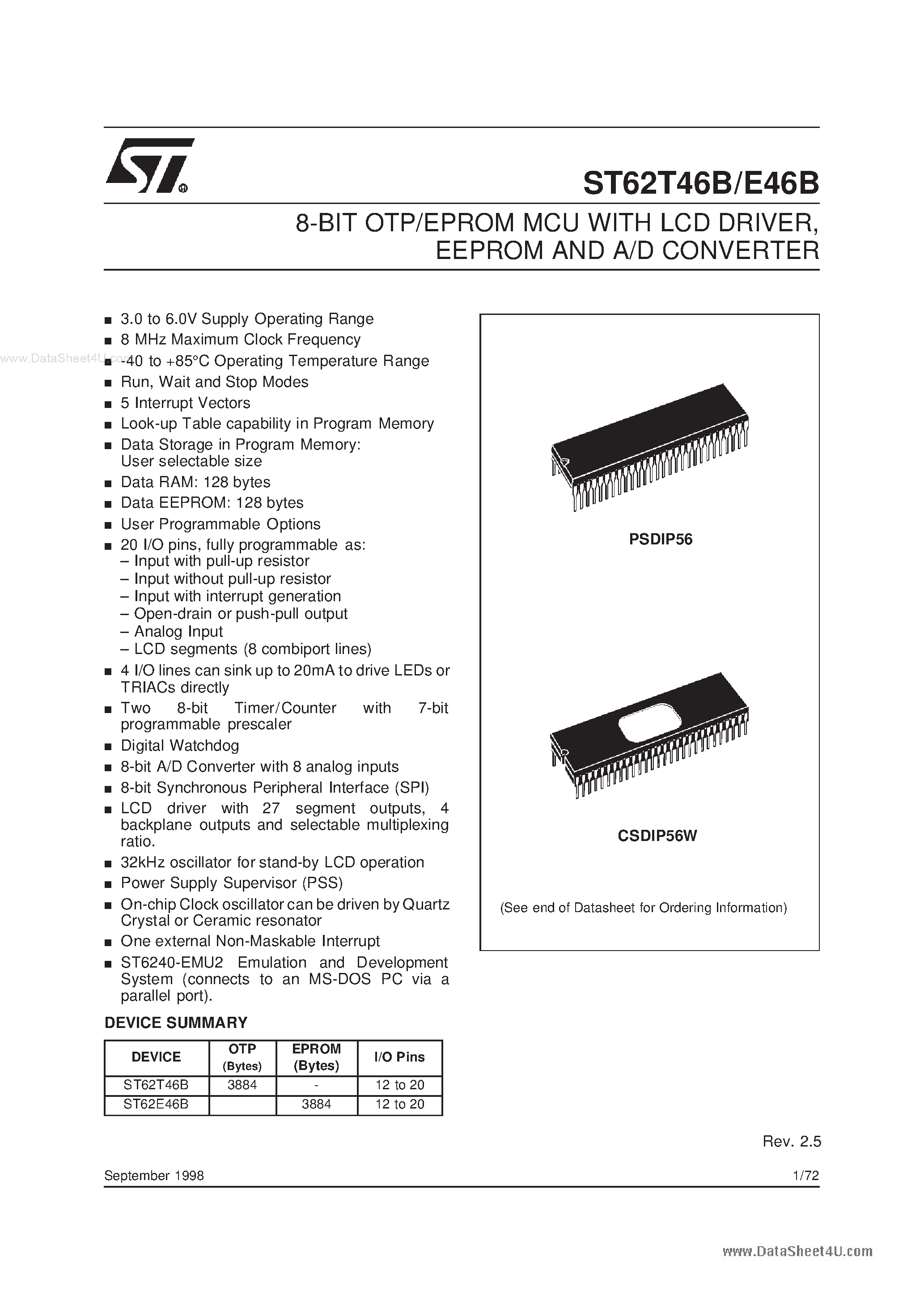 Datasheet ST62E46B - 8-BIT OTP/EPROM MCU page 1