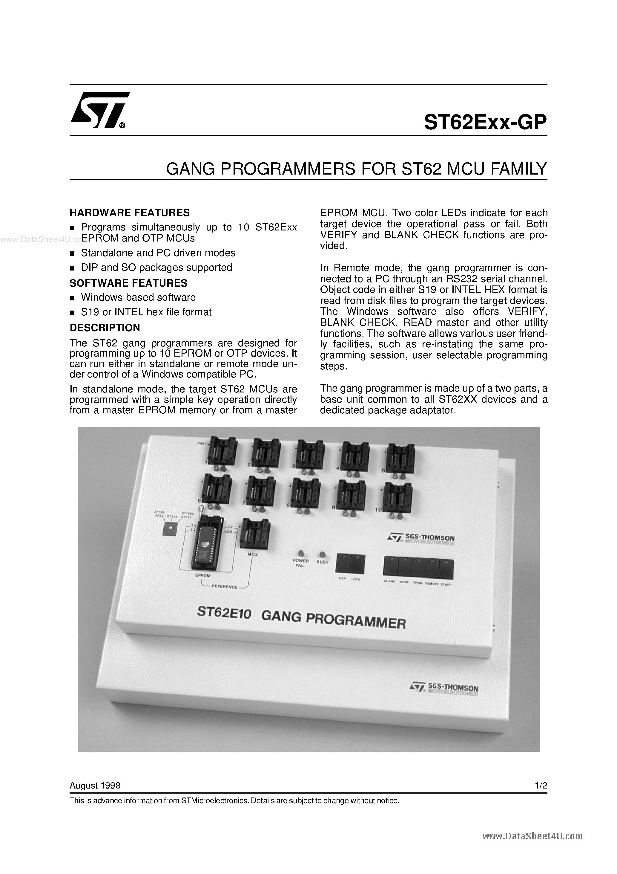 Даташит на микросхему ST62EXX-GP страница 1 Даташит ST62EXX-GP - GANG PROGRAMMERS страница 1