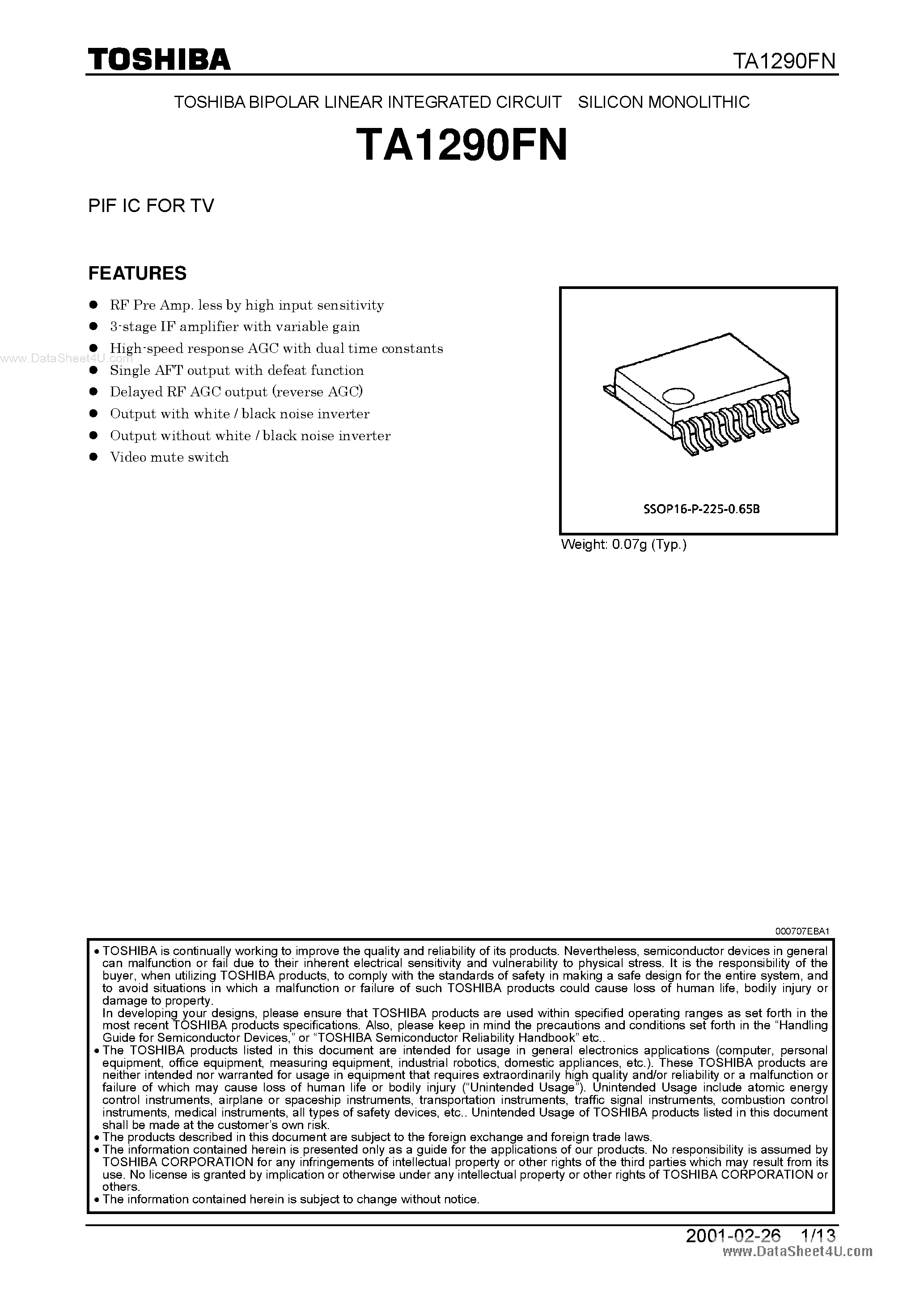 Даташит на микросхему TA1290FN страница 1 Даташит TA1290FN - PIF IC страница 1