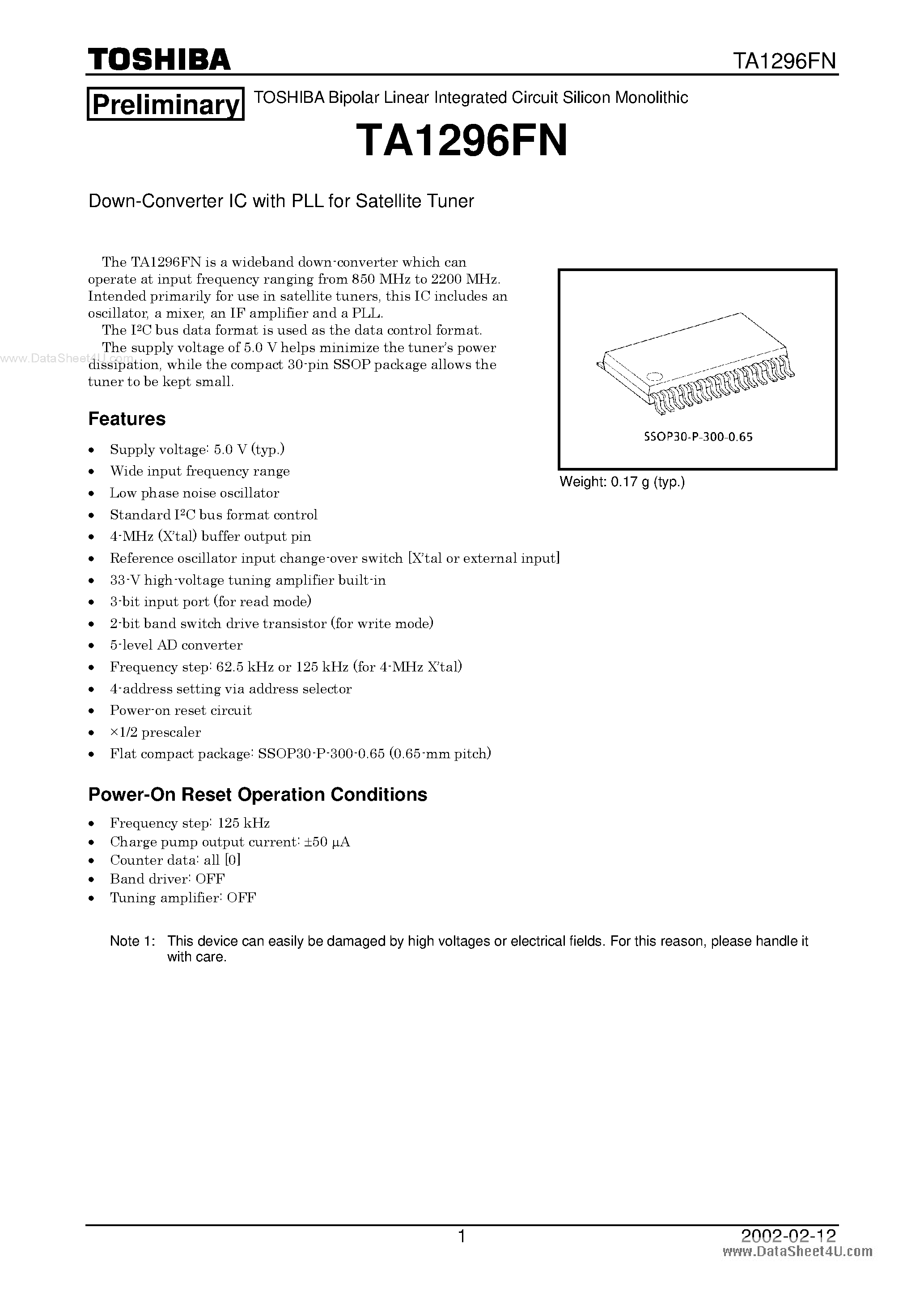 Даташит на микросхему TA1296FN страница 1 Даташит TA1296FN - Down-Converter IC страница 1