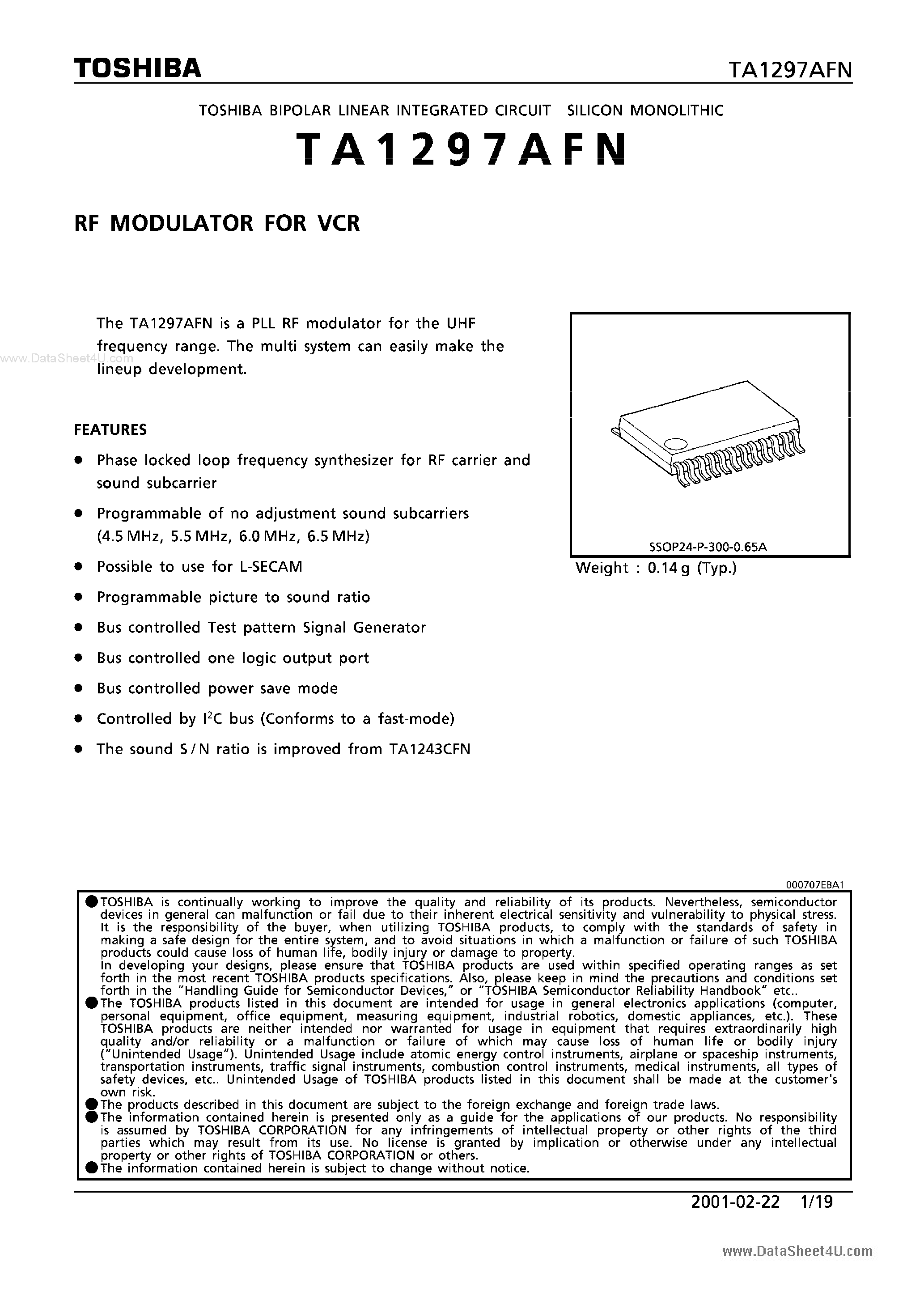 Даташит на микросхему TA1297AFN страница 1 Даташит TA1297AFN - RF MODULATOR страница 1